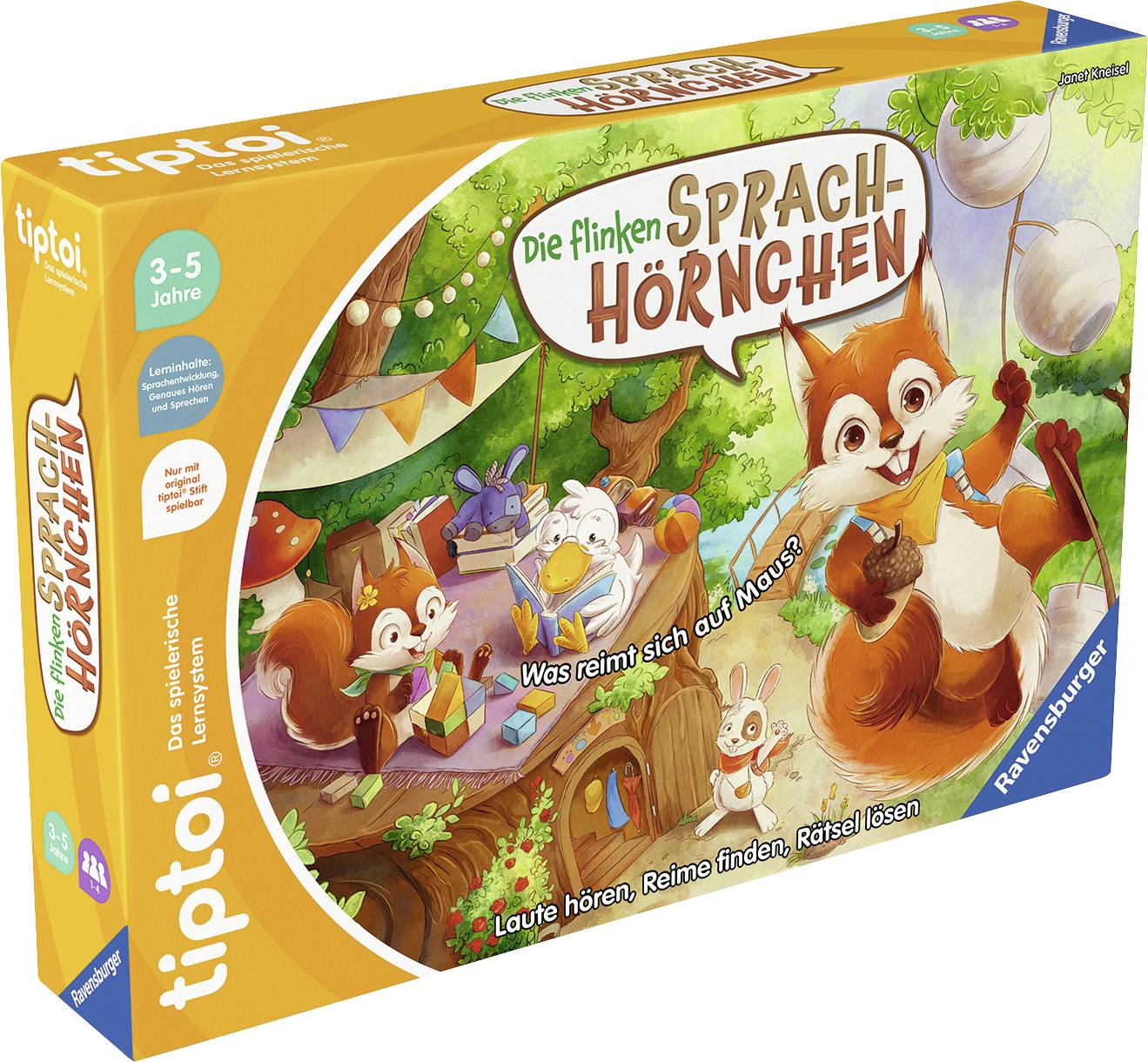 Boîte de jeu présentant un design de renard joyeux pour le jeu éducatif 'Les Écureuils Rapides du Langage', adapté aux enfants de 3 à 5 ans.
