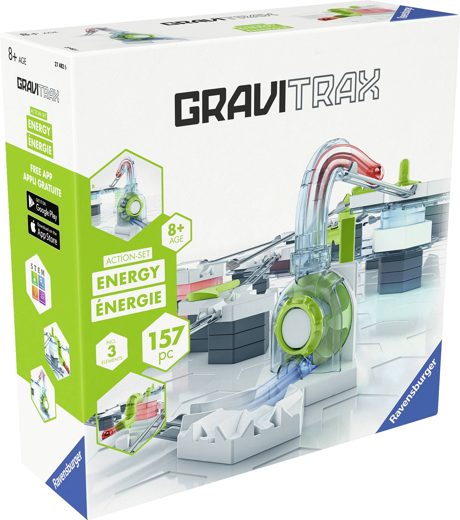 Boîte de GraviTrax ensemble d'action 'Énergie'. Contient 157 pièces pour enfants à partir de 8 ans. Présente un système de circuit de billes créatif.