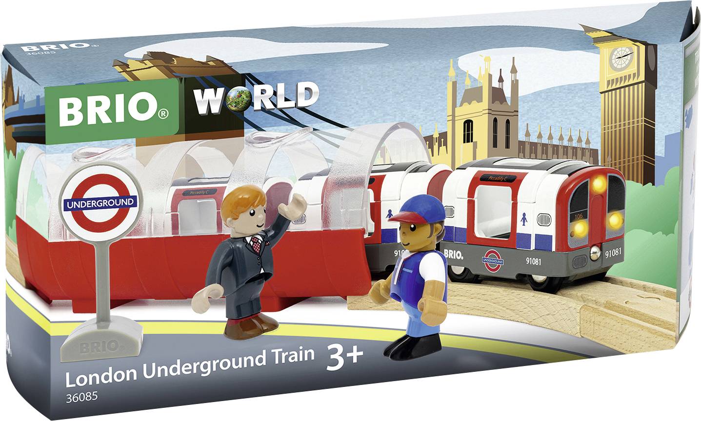 Emballage de jouet pour le 'Train du Métro de Londres' de BRIO avec des figurines, un panneau de station et des monuments londoniens en arrière-plan. Convient aux enfants à partir de 3 ans.