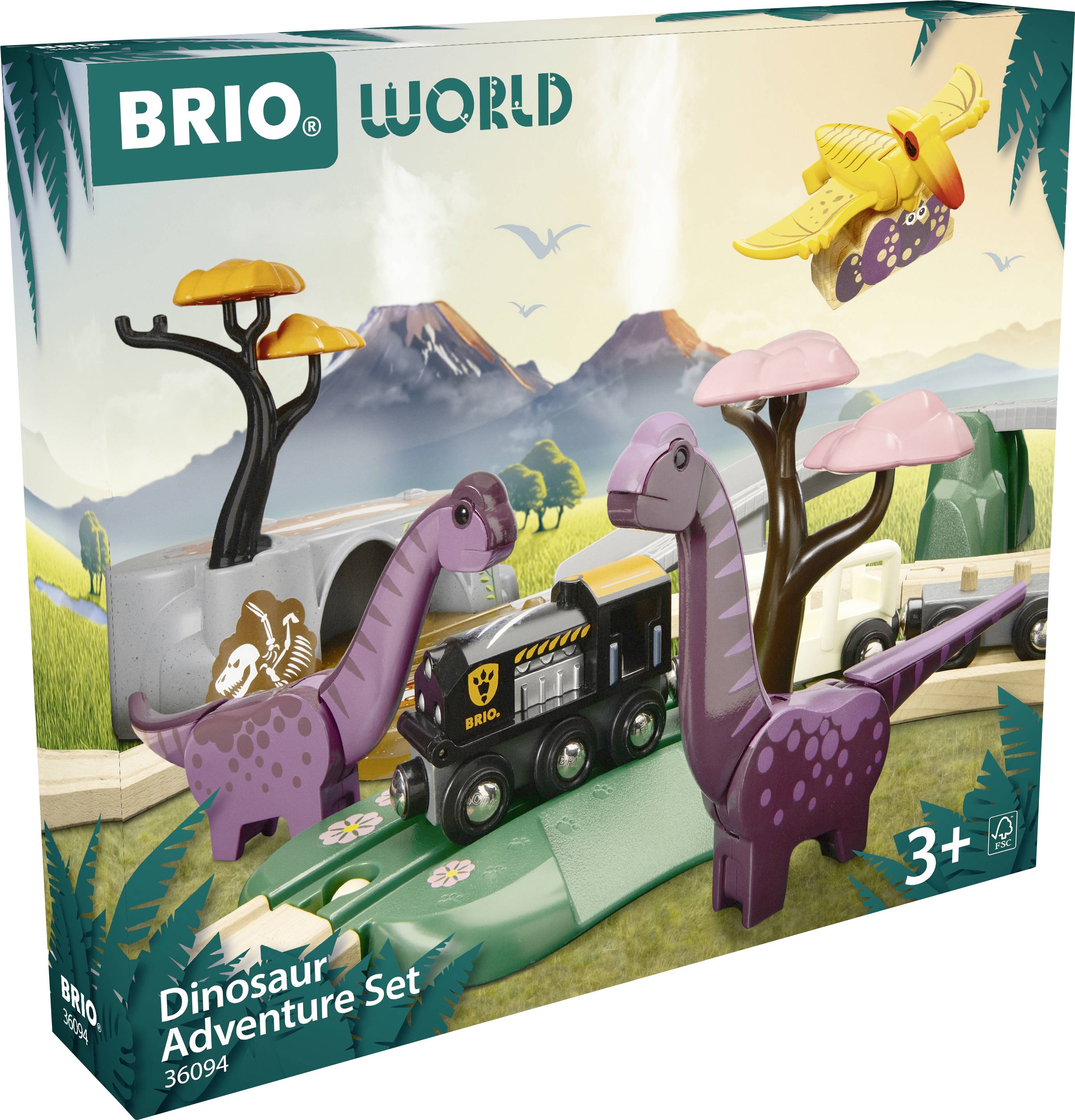 Ensemble d'Aventure BRIO avec Dinosaures pour Enfants à partir de 3 ans. Comprend des jouets de dinosaures et de train sur un panorama de montagnes pittoresque.