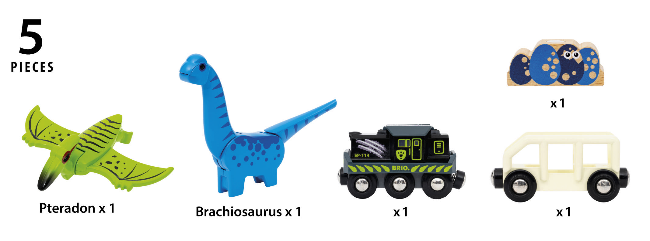 Cinq pièces de jouets : un ptéranodon, un brachiosaure, un wagon de train, une voiture et un rocher avec des œufs.