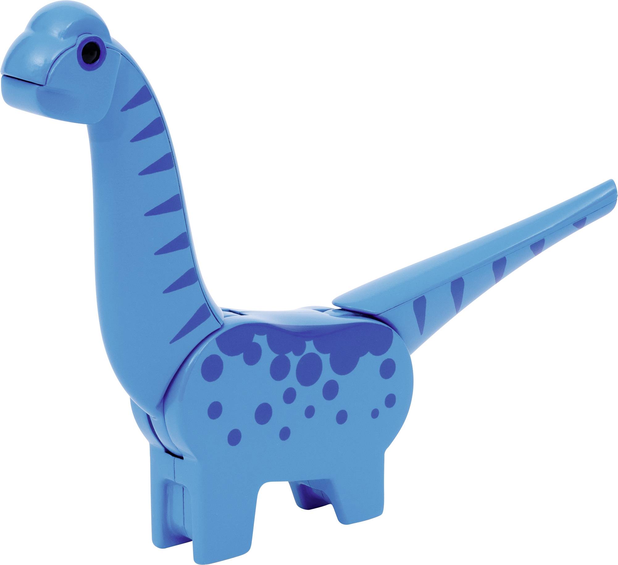 Jouet de dinosaure bleu en plastique avec un long cou et une longue queue, modèle debout sans détails supplémentaires ni structures de jeu.