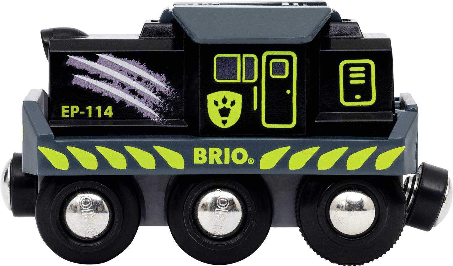 Un train miniature noir avec des détails verts portant l'inscription 'EP-114' et 'BRIO'. Il a des roues argentées et un symbole de chat.