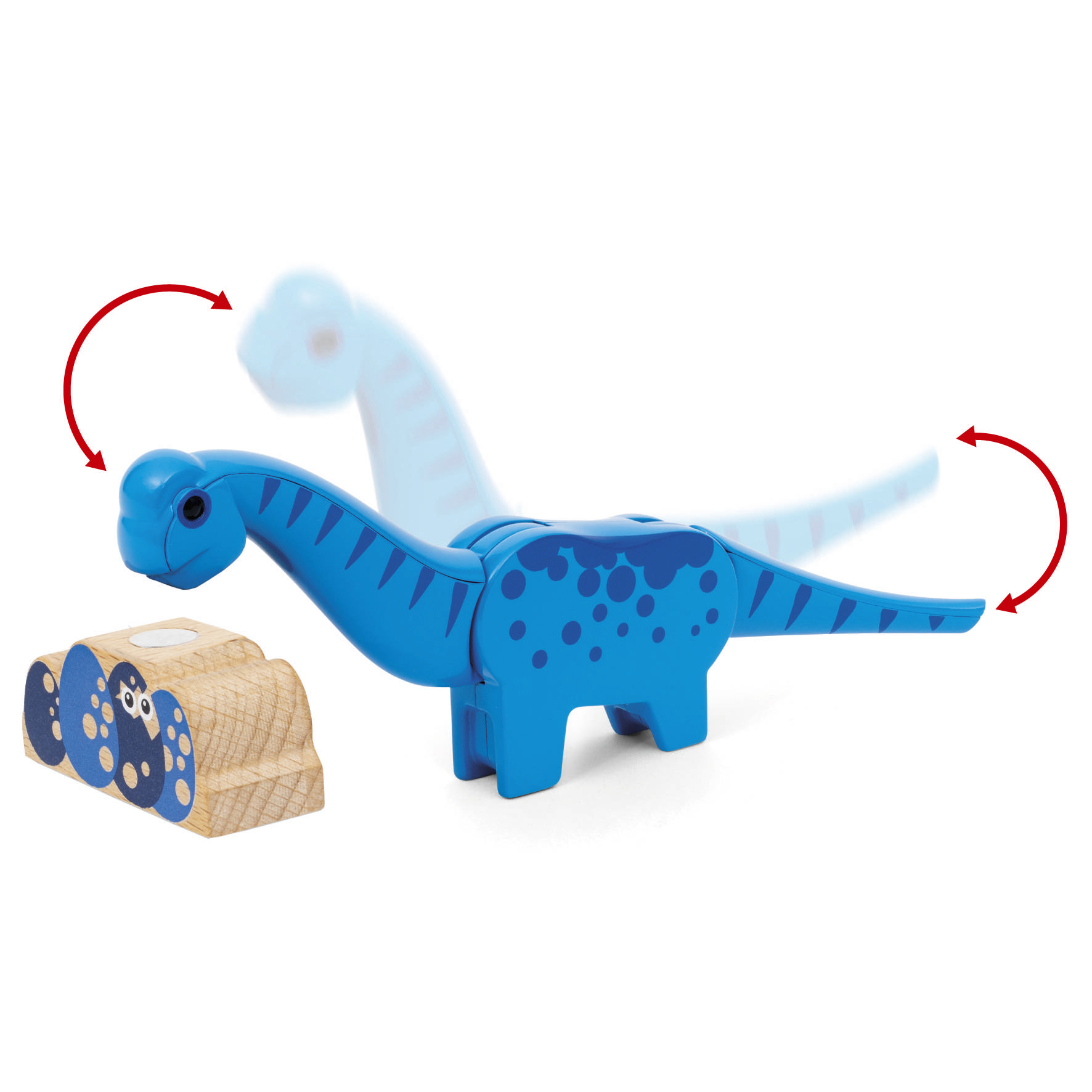 Jouet dinosaure en bois avec tête et queue mobiles. Des flèches indiquent les directions de mouvement. Un nuage de copeaux de bois à côté à gauche.