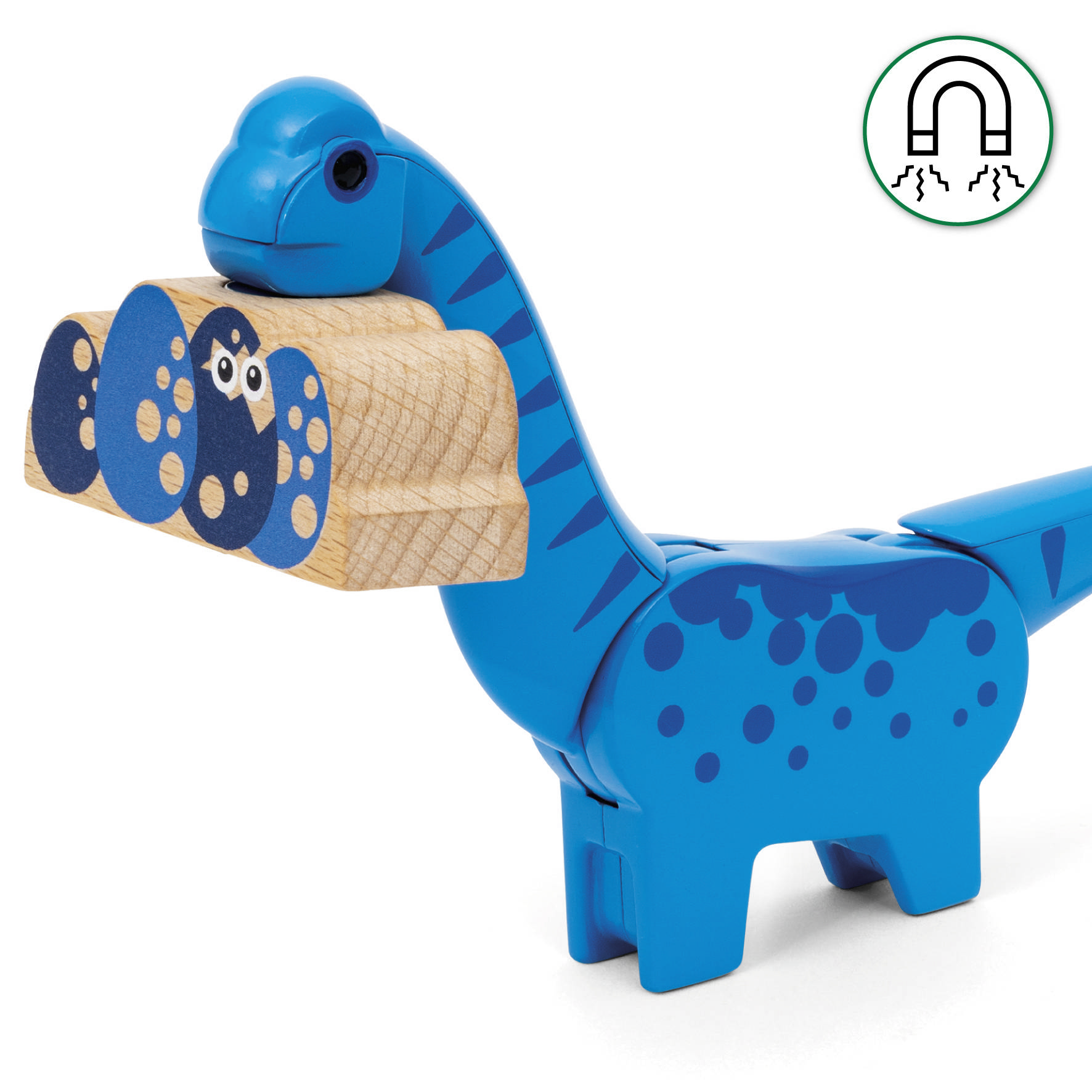 Un puzzle en bois bleu en forme de dinosaure tient un morceau avec des œufs dans sa gueule. Un symbole de durabilité est représenté en haut à droite.