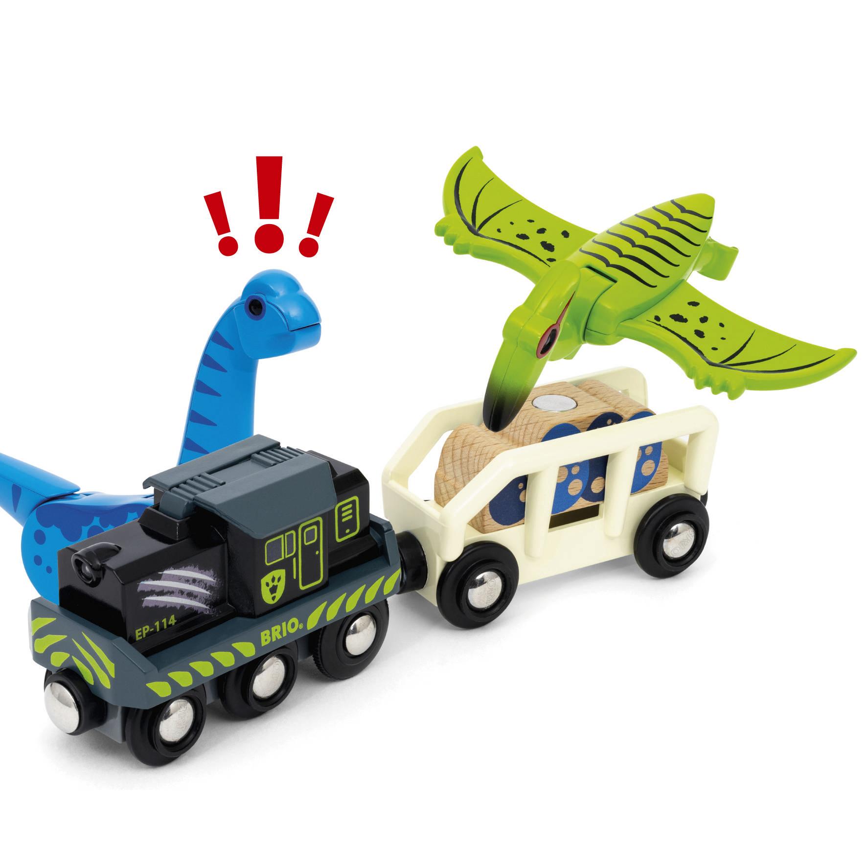 Un train coloré avec une locomotive à vapeur et des wagons, sur lesquels sont assis une tête de dinosaure et un ptérodactyle. Le train est en bois.