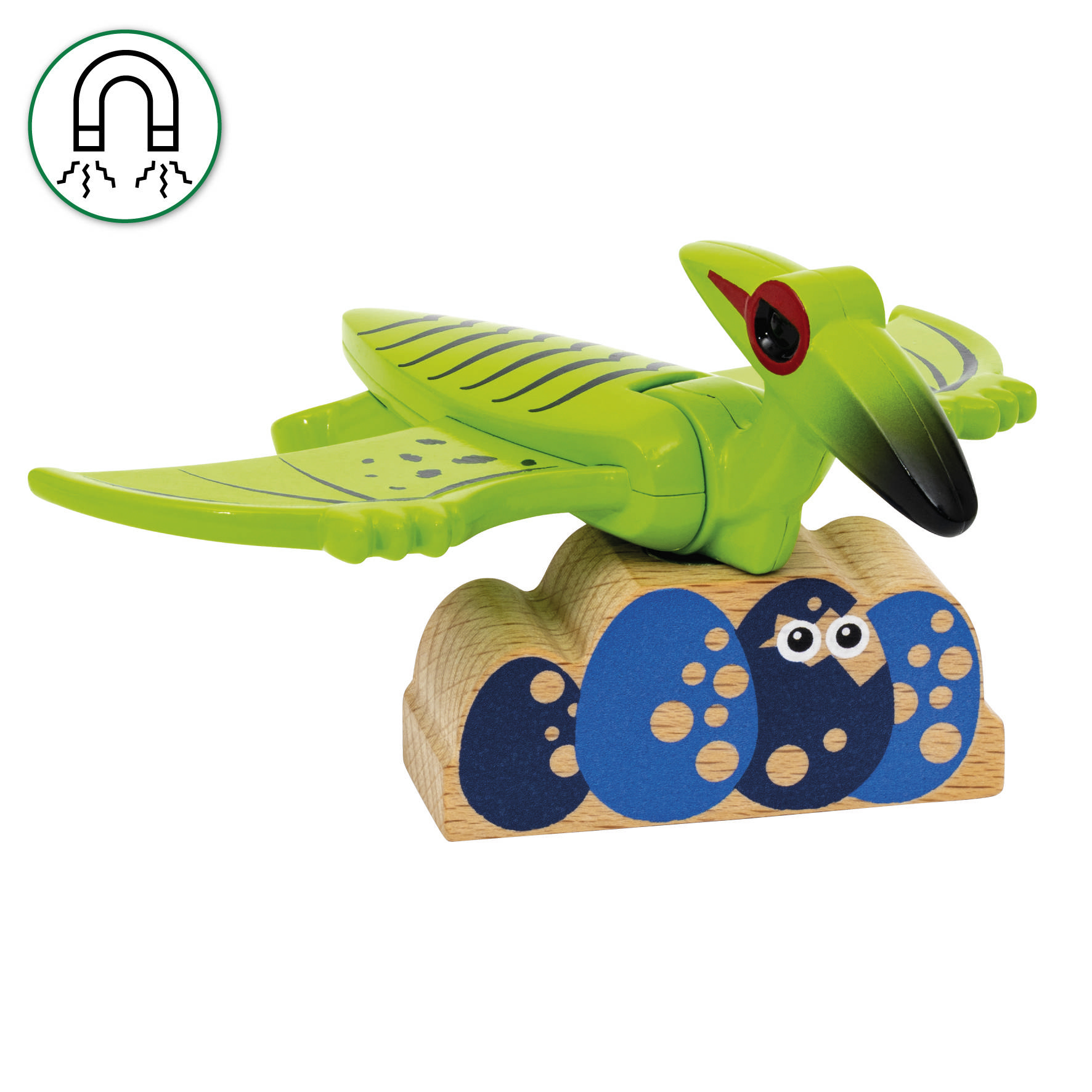 Un oiseau en bois vert et coloré est perché sur un socle magnétique. L'oiseau a un bec noir et des ailes rayées.