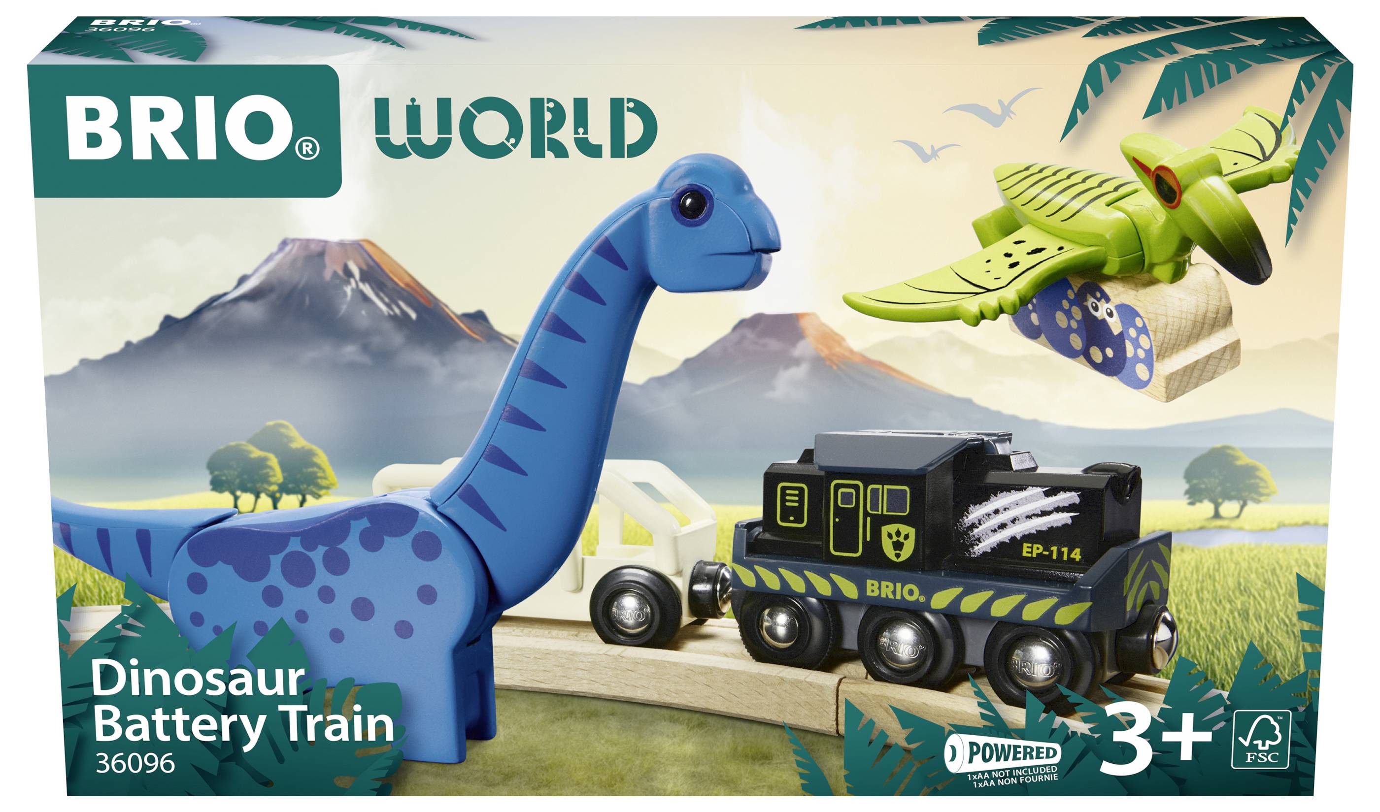 Emballage de jouet avec un dinosaure bleu, un train noir et un ptérodactyle vert. Convient aux enfants à partir de 3 ans.