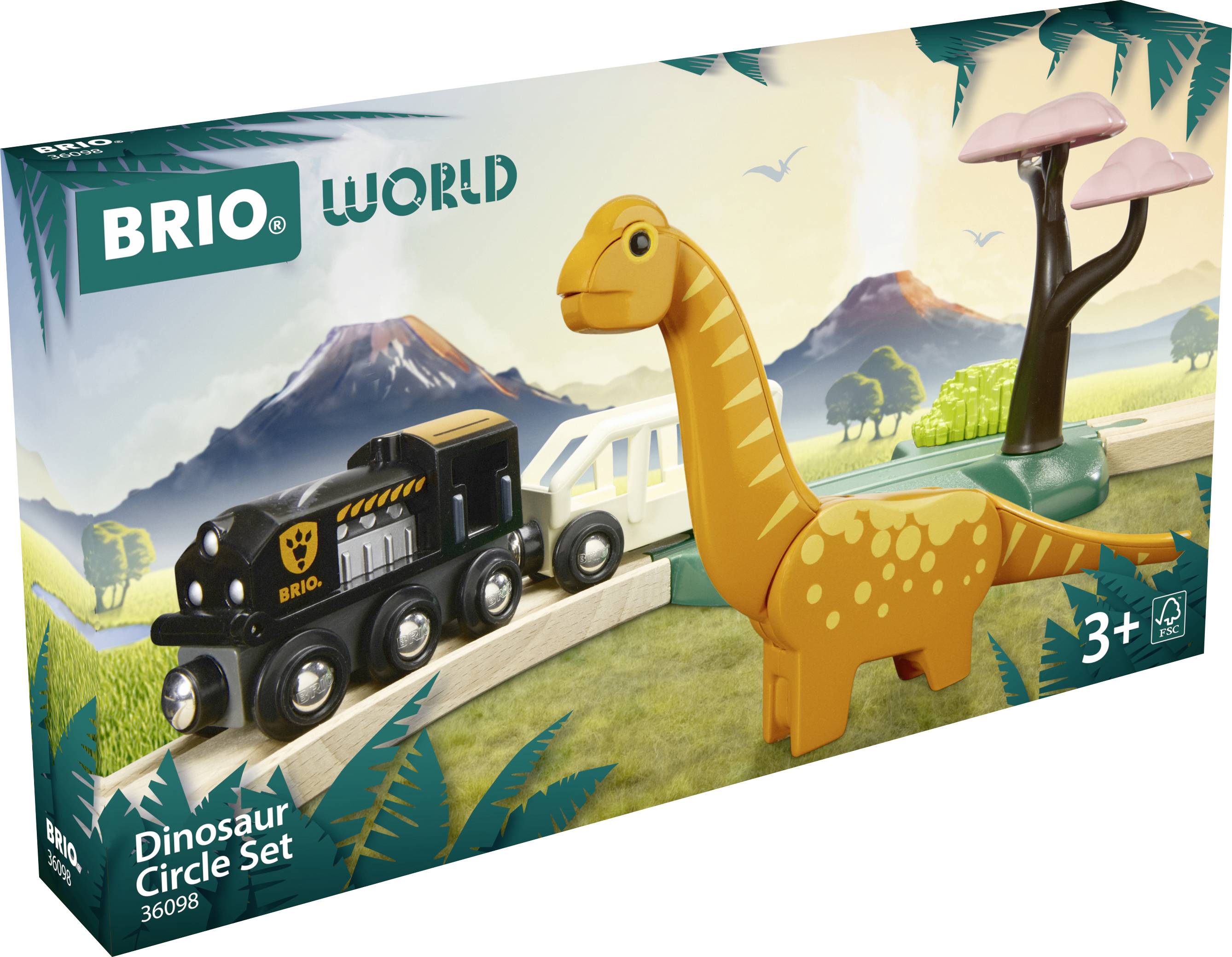 Ensemble de jouets 'BRIO Cercle des Dinosaures' : Comprend une locomotive noire, un dinosaure orange et un arbre, présenté dans un emballage sur le thème de la jungle. Convient aux enfants à partir de 3 ans.