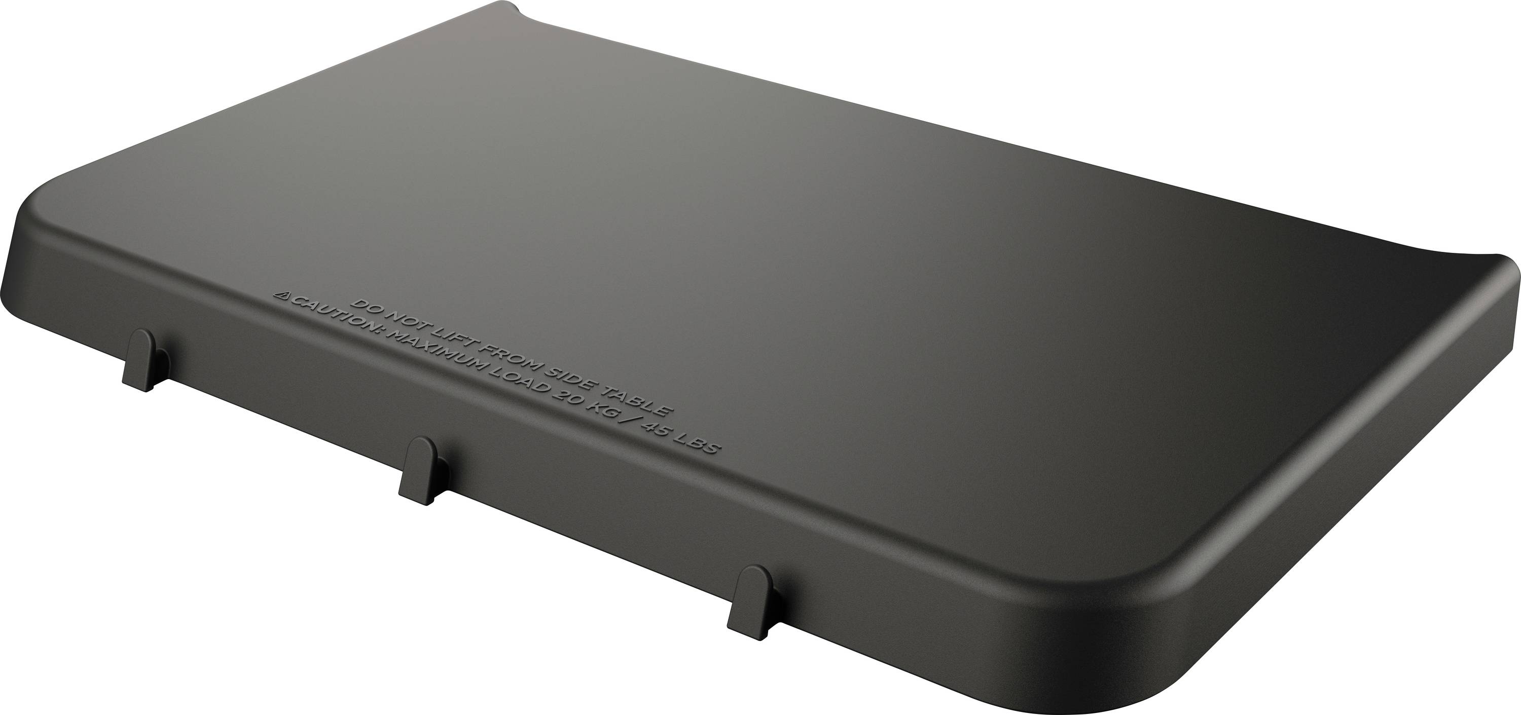 Un couvercle rectangulaire noir avec trois pattes de fixation sur sa face inférieure. Adapté pour une utilisation dans divers contenants.