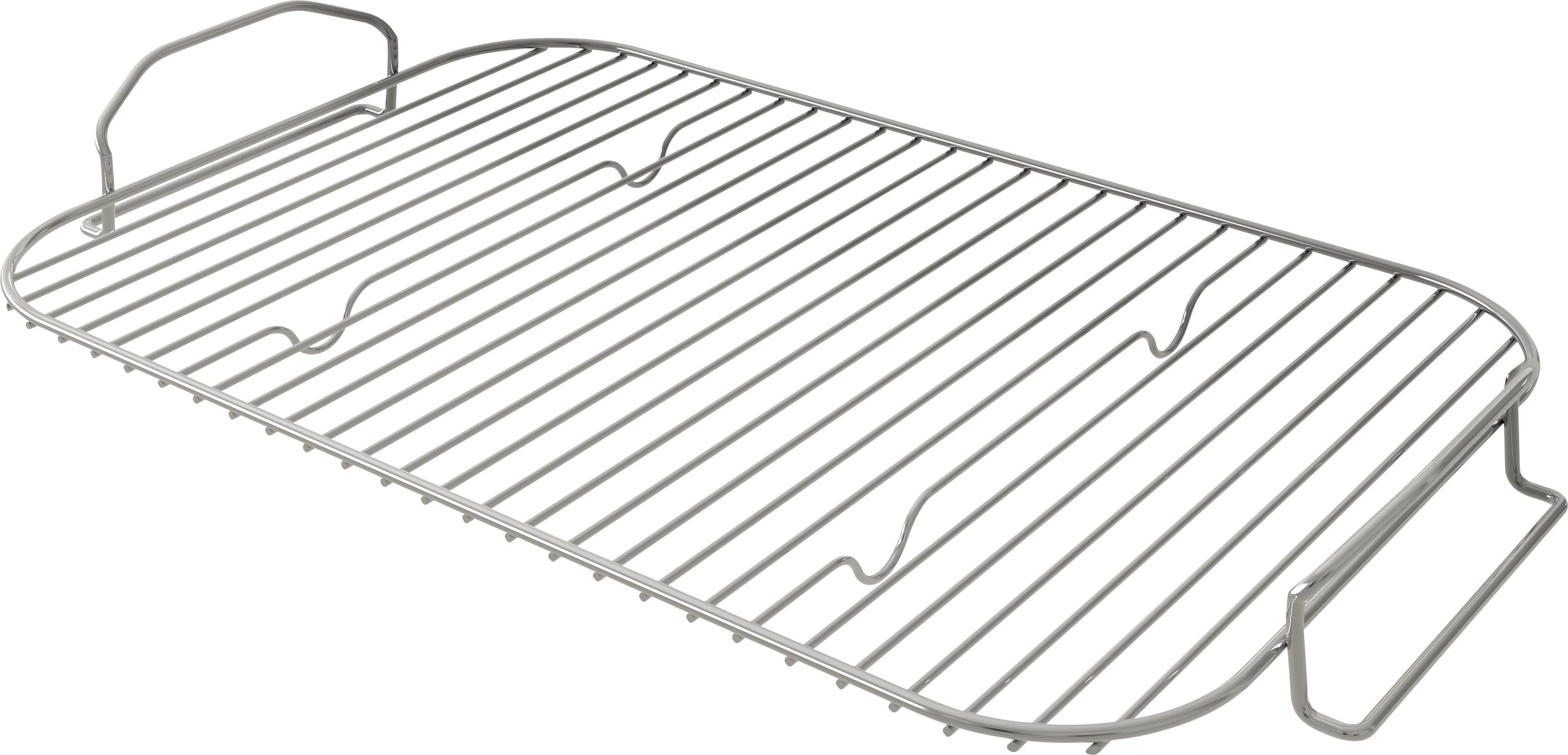 Une grille rectangulaire en métal argenté avec deux poignées, adaptée comme support pour un grill ou un four, présentant des traverses étroites.