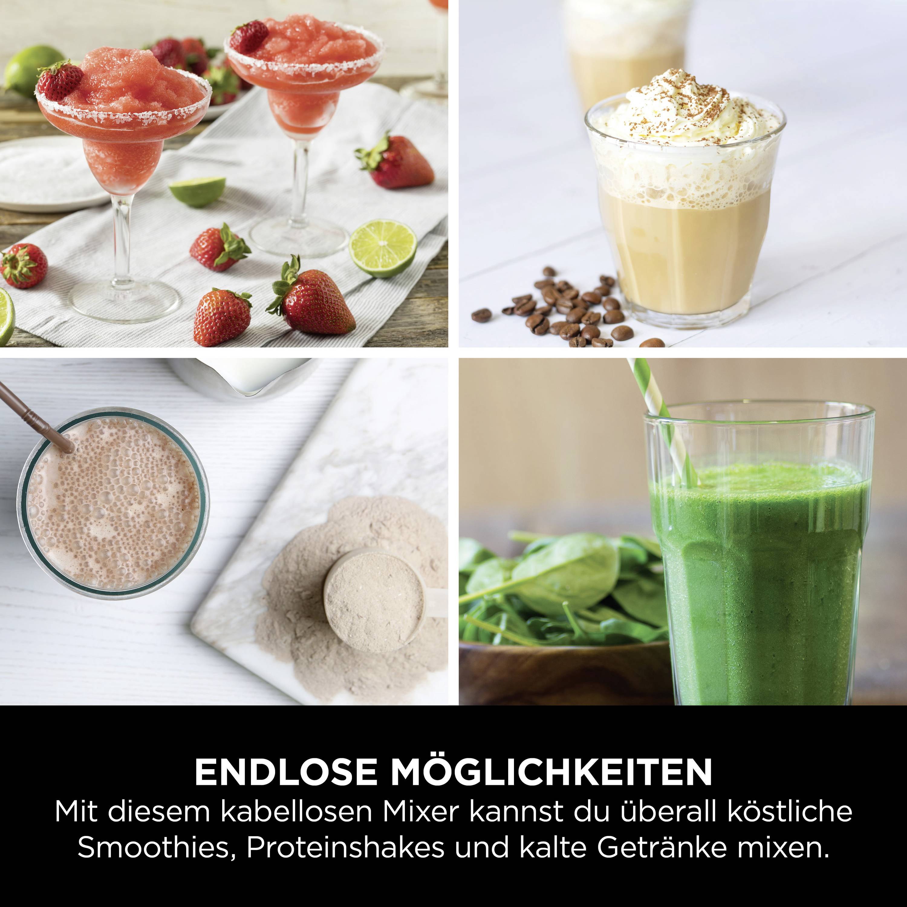 Quatre boissons : Margaritas aux fraises avec citron vert et fraises, café glacé à la crème, milk-shake au chocolat et smoothie vert. Texte : 'Possibilités infinies'.