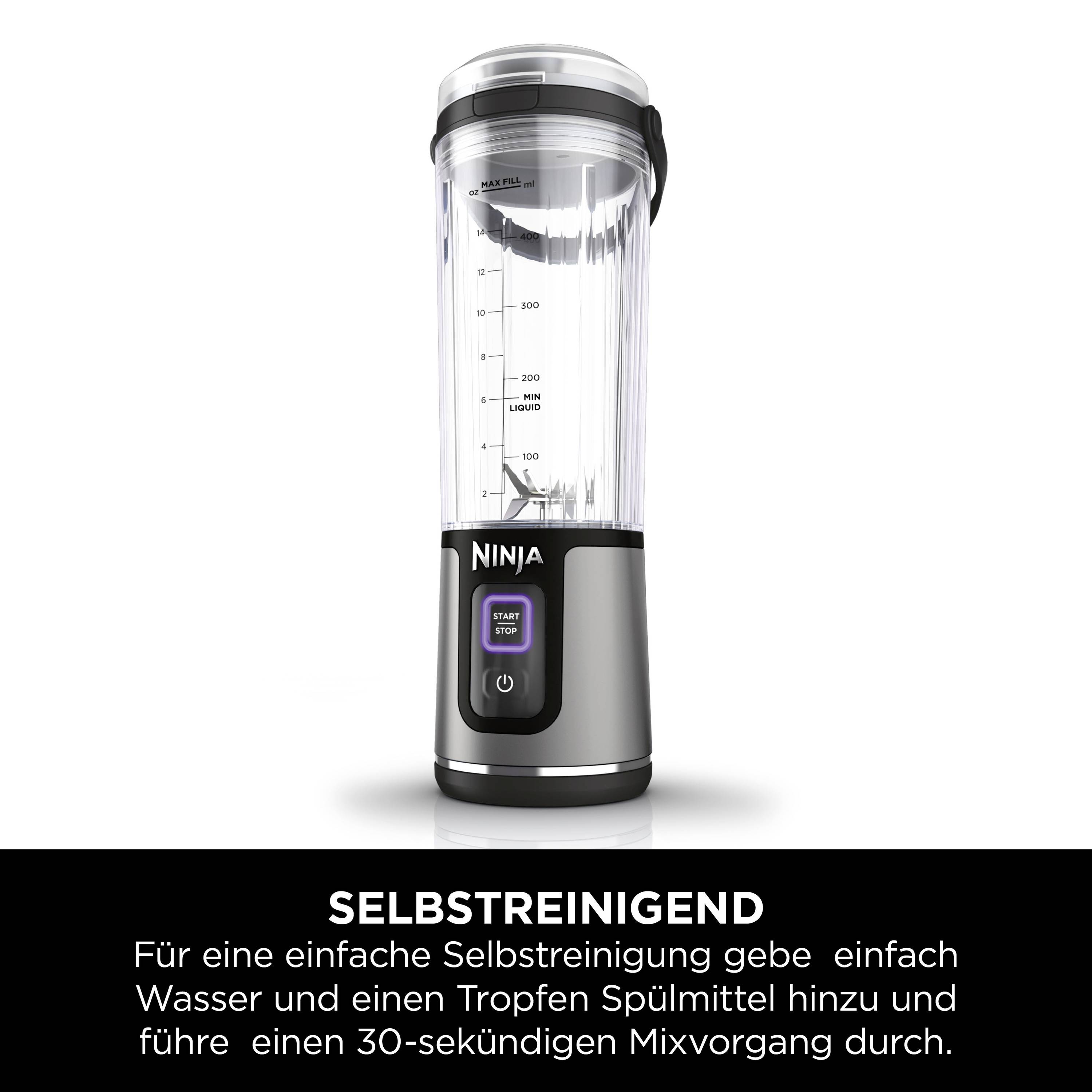 Un mixeur compact avec l'inscription 'Auto-nettoyant'. Instructions : Ajouter de l'eau et du liquide vaisselle, mixer pendant 30 secondes.