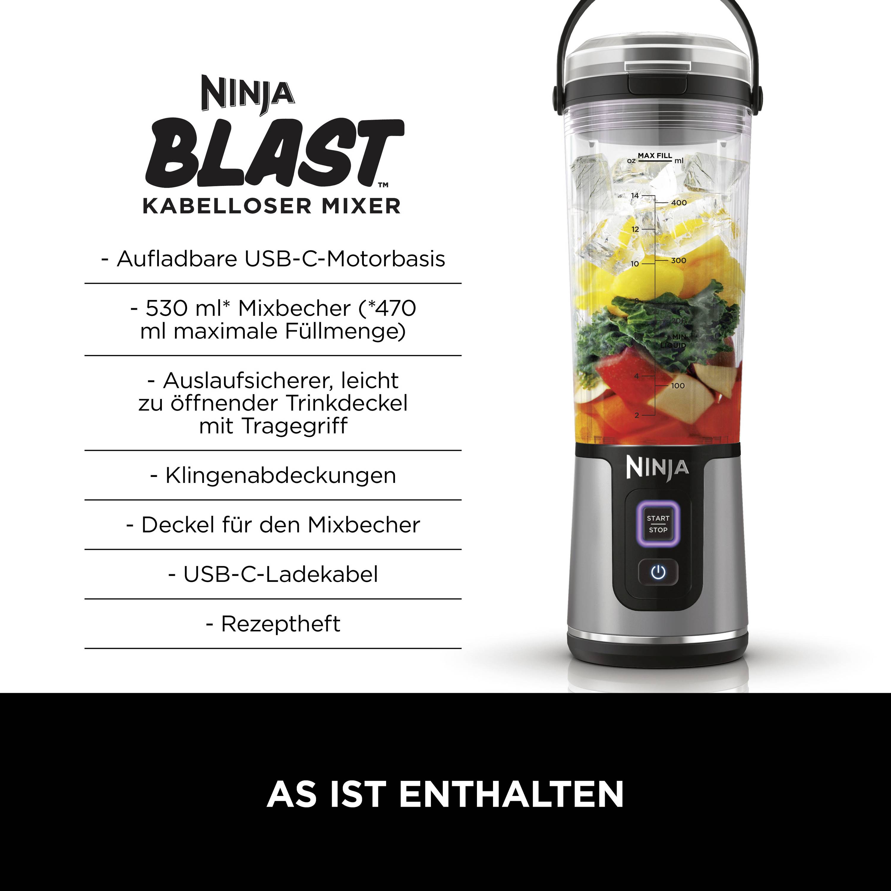 Un mixeur avec un récipient transparent montre des fruits et des légumes. Comprend une base motorisée, un couvercle avec ouverture pour boire, des lames et un câble de chargement USB.