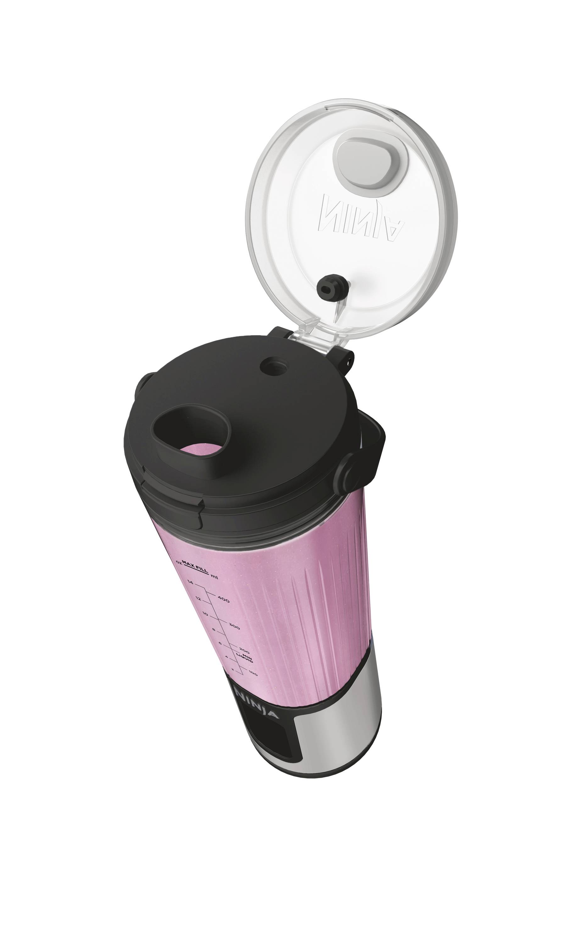Gobelet de boisson Rosa avec couvercle noir et fermeture transparente ouverte. Des graduations sont visibles sur le côté.