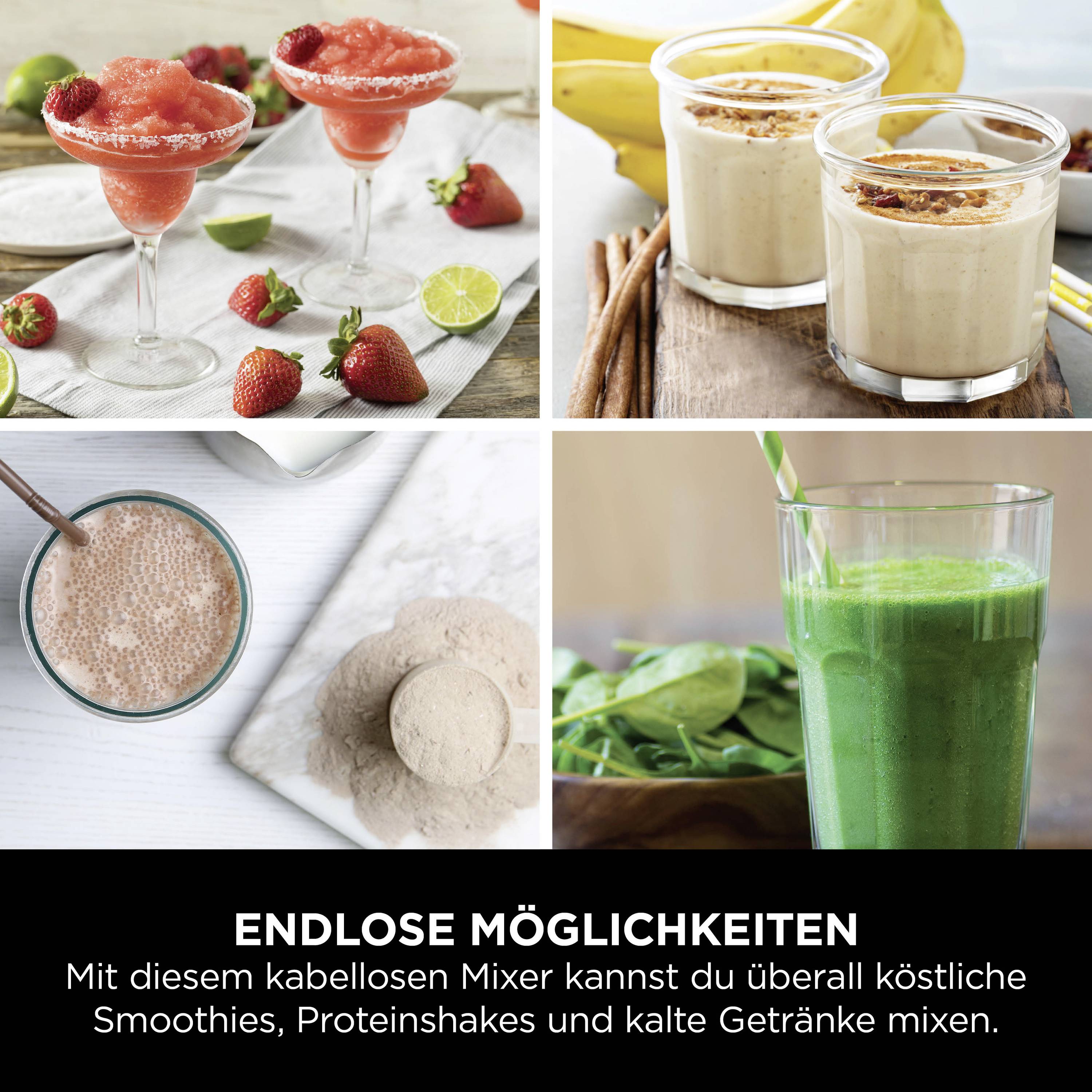 Cocktails, smoothies et boissons protéinées dans des verres. Texte : 'Possibilités infinies. Préparez des boissons délicieuses avec ce mixeur.'
