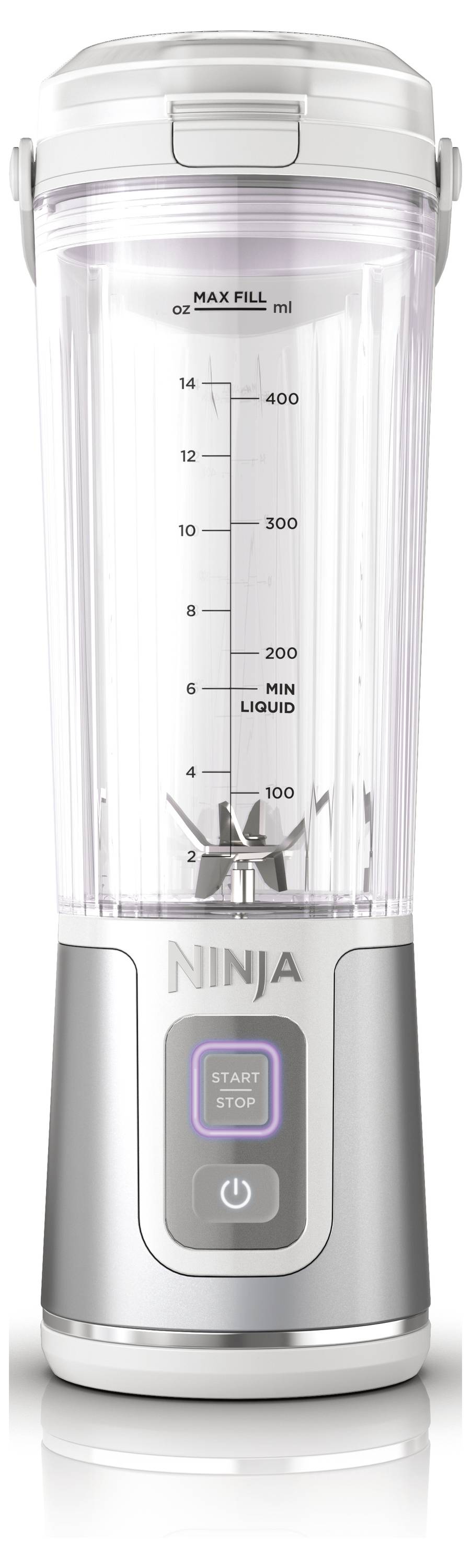 Grand récipient transparent avec échelle graduée, monté sur un bloc moteur argenté avec boutons 'Démarrer' et 'Puissance', logo Ninja à l'avant.