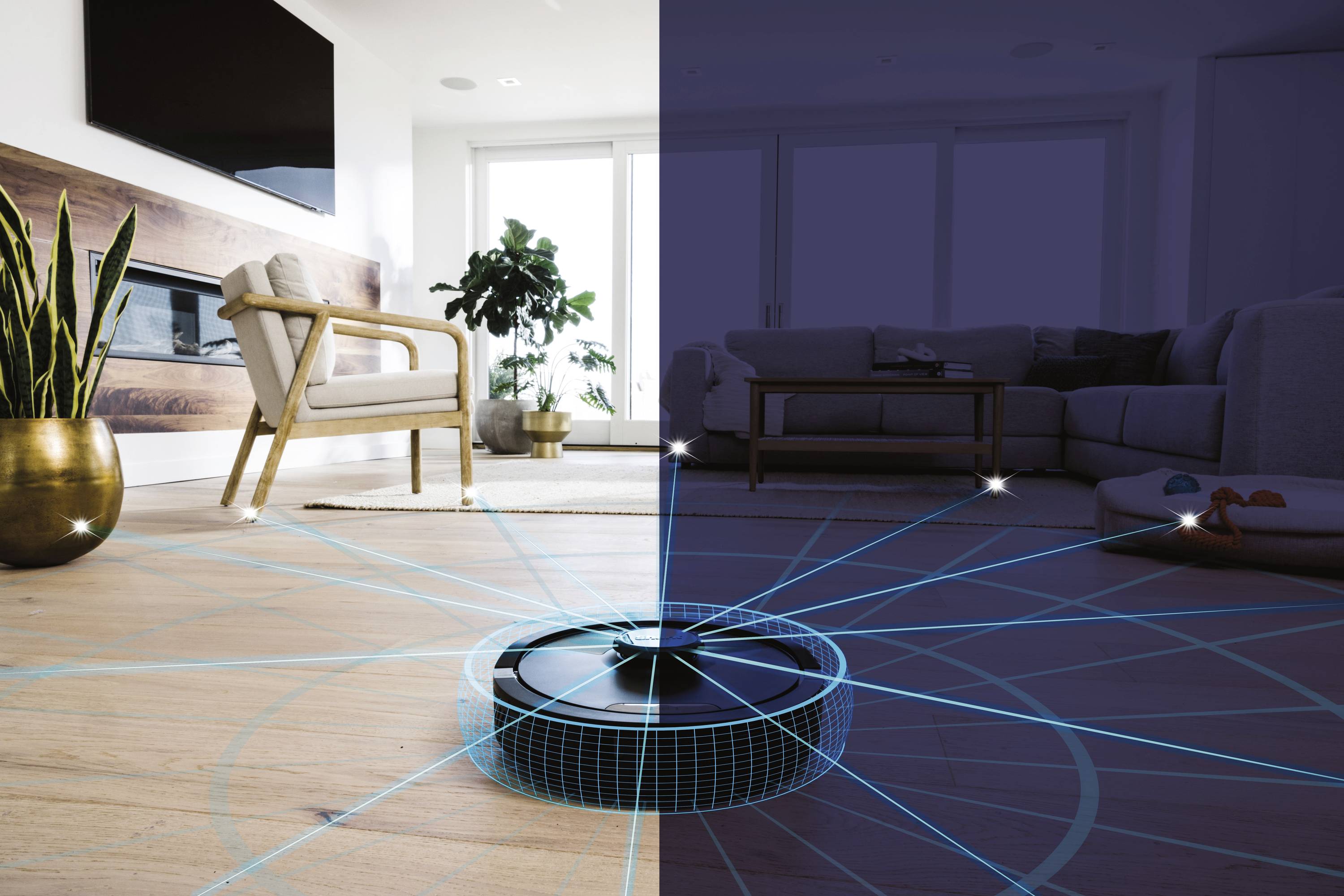 Un robot aspirateur navigue de manière autonome dans un salon. À gauche, la pièce est éclairée par la lumière du jour, à droite, elle est plongée dans l'obscurité avec une grille numérique.