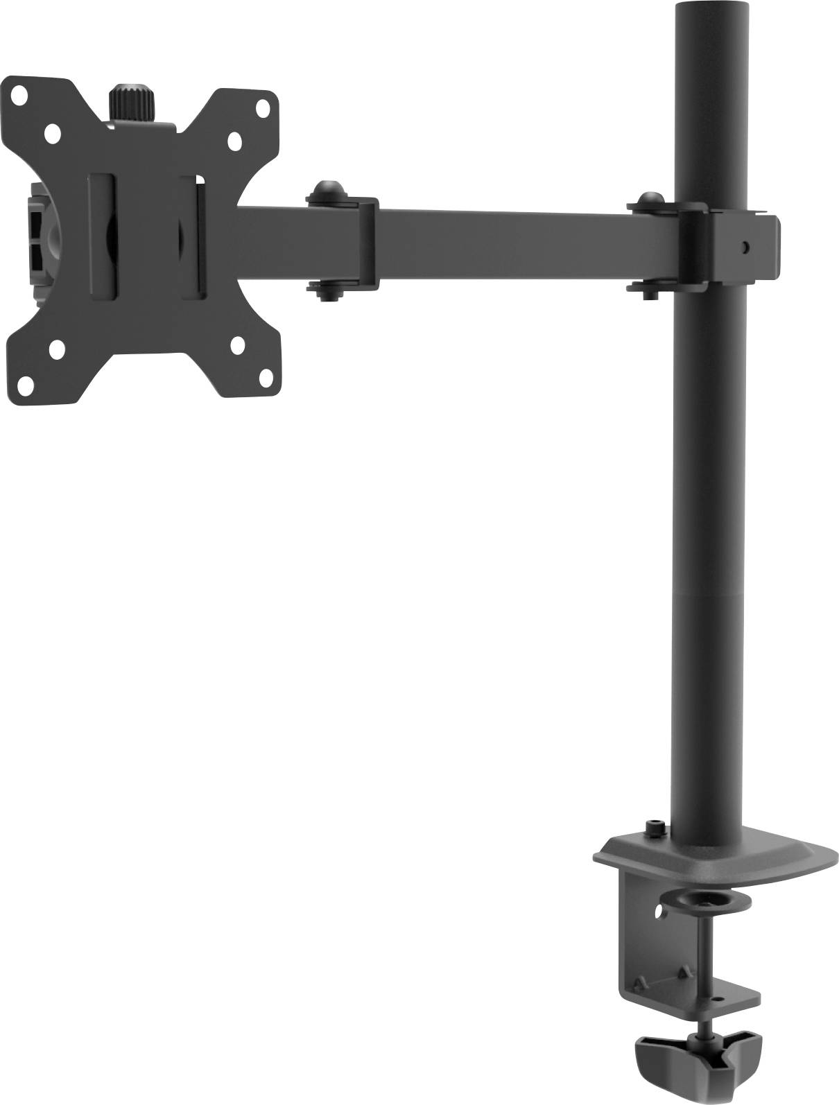 Support de moniteur réglable en noir, avec fixation par pince pour bureaux. Adapté pour un positionnement ergonomique de l'écran.