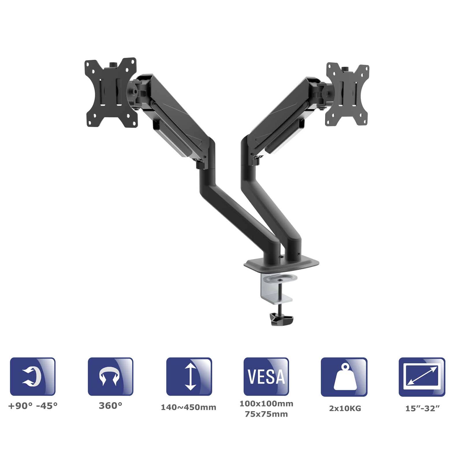 Support de moniteur double bras, pivotant à 360°, pour écrans de 15