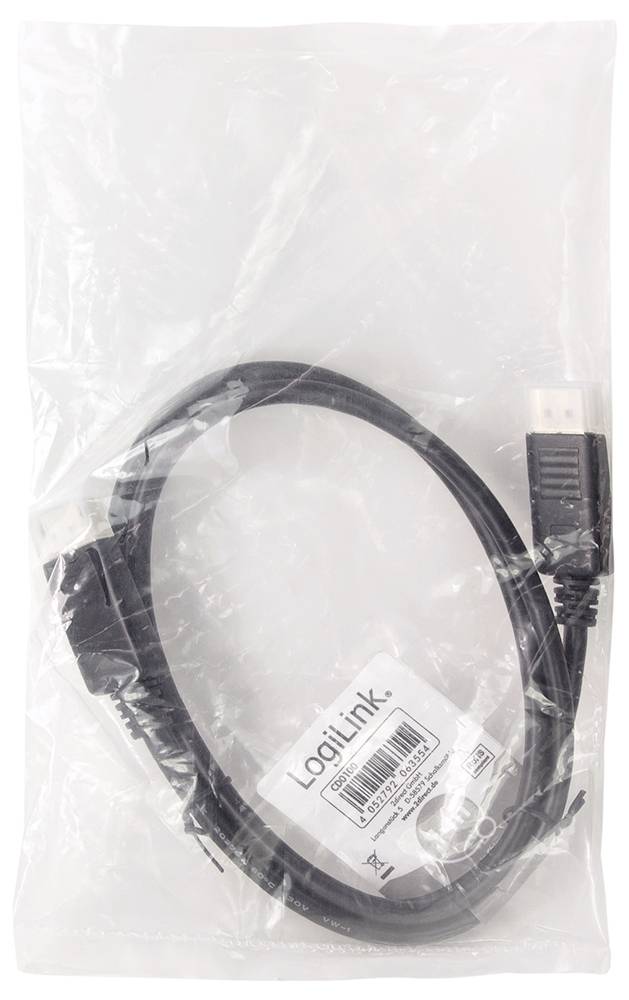 Un câble HDMI noir de LogiLink dans un emballage en plastique transparent. Des informations sur le produit sont inscrites sur l'étiquette.