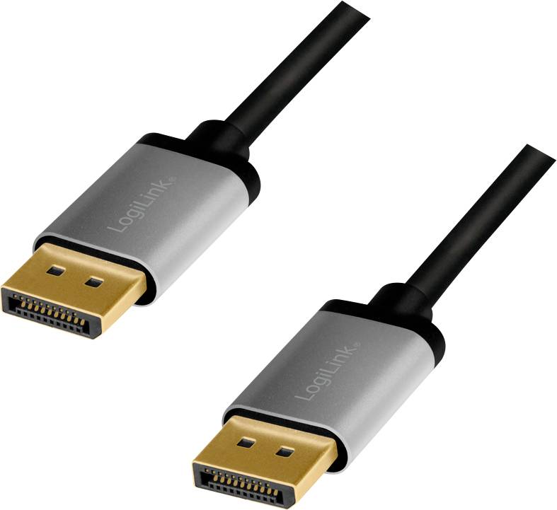 Deux câbles DisplayPort noirs avec des connecteurs dorés et des fiches grises, disposés côte à côte. Adaptés aux moniteurs et aux ordinateurs.