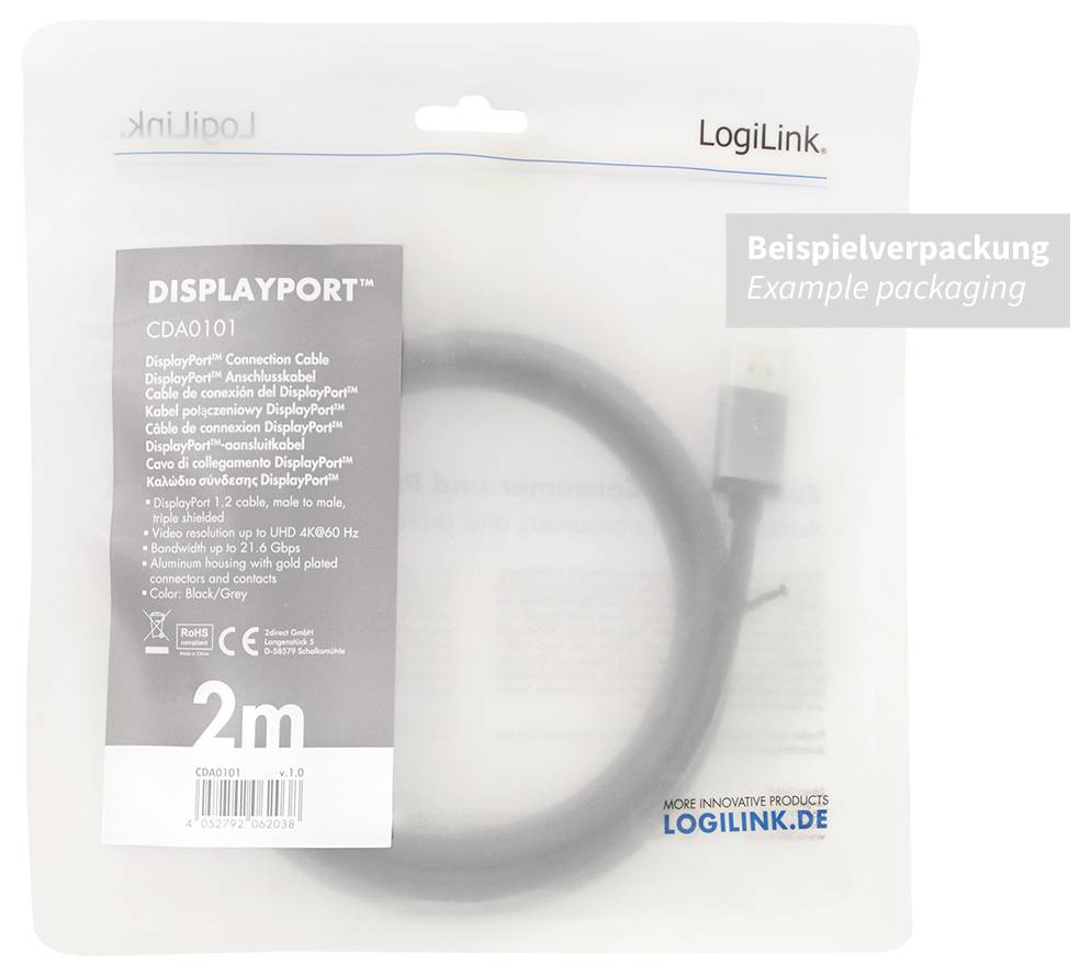 Un câble DisplayPort gris de 2 mètres, dans un emballage transparent avec le logo de marque et les détails du produit sur l'étiquette.
