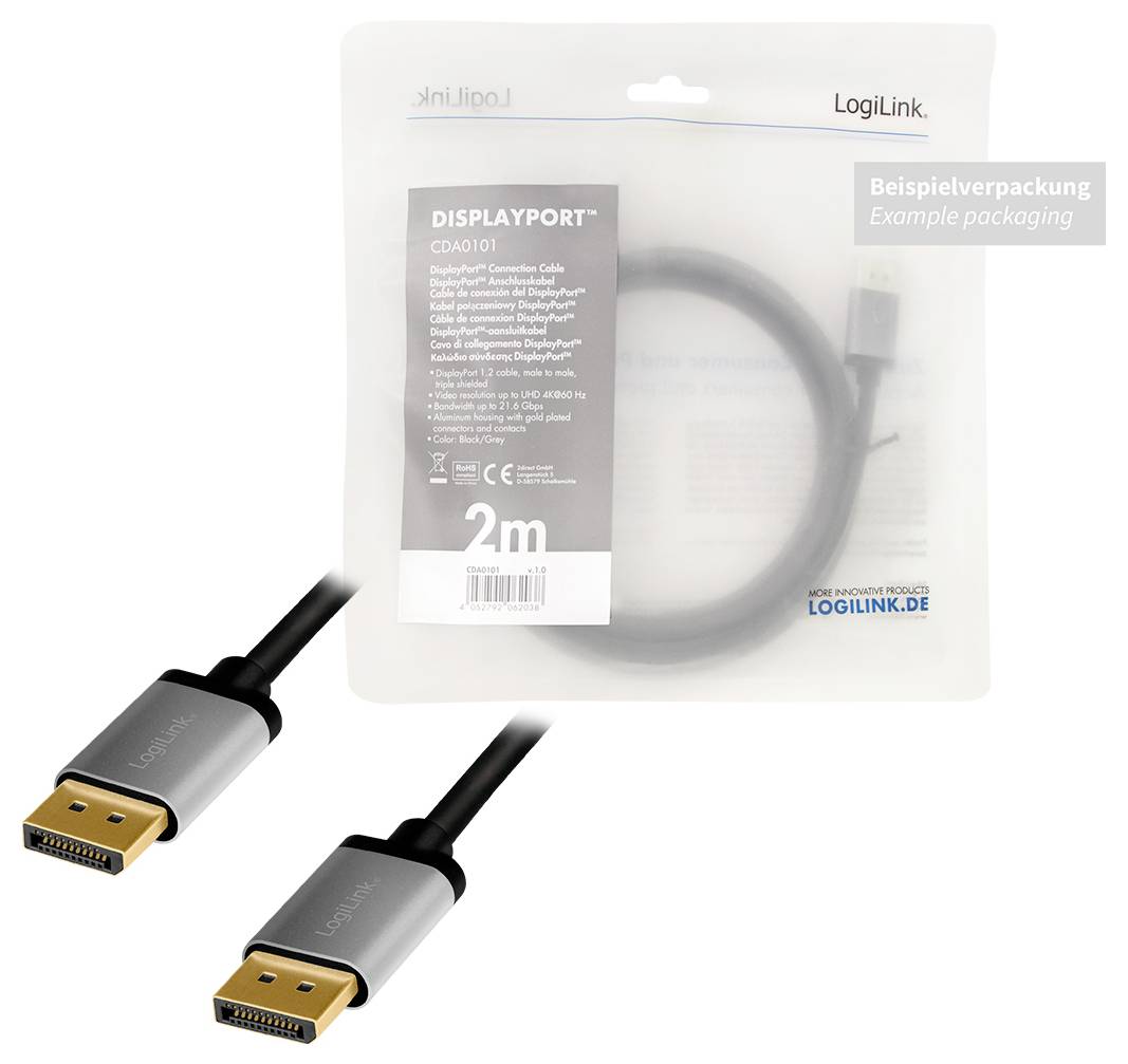 Câble DisplayPort de LogiLink, 2 mètres, emballage d'exemple. Connecteurs dorés, gaine noire. Adapté pour les connexions audio/vidéo.