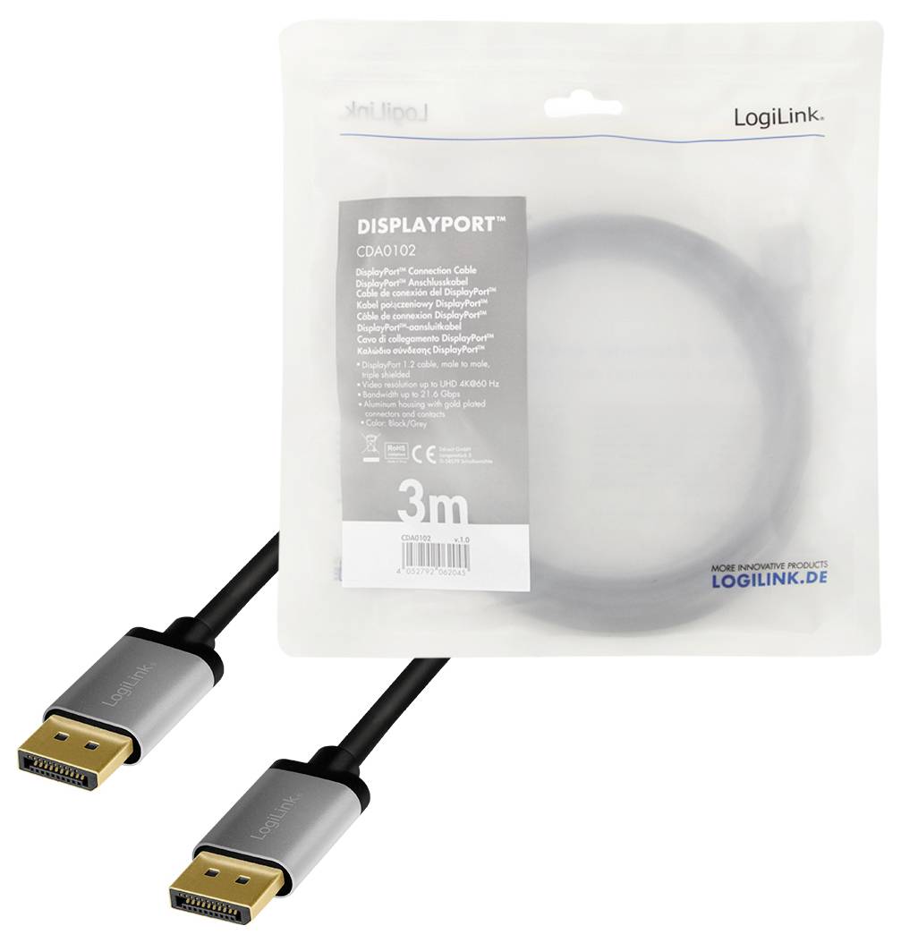Câble DisplayPort, 3 m, LogiLink, dans son emballage d'origine avec deux connecteurs, adapté pour la transmission audio et vidéo.