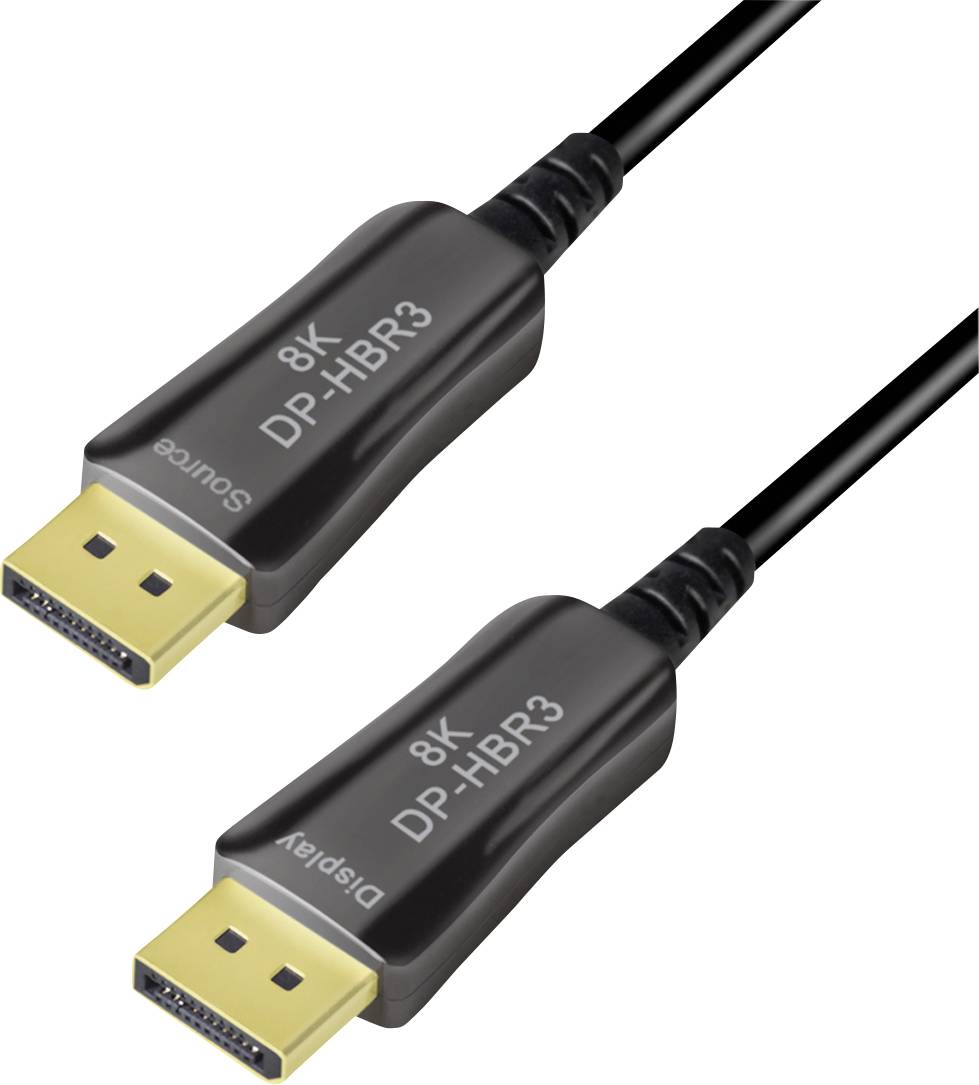 Deux câbles DisplayPort noirs portant l'inscription '8K DP-HBR3' sur les connecteurs, adaptés pour la transmission vidéo haute résolution.