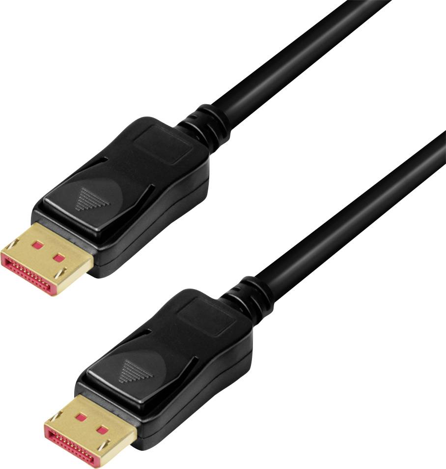 Un câble DisplayPort noir avec deux connecteurs repose sur un fond clair. Les connecteurs sont rectangulaires avec des contacts dorés.