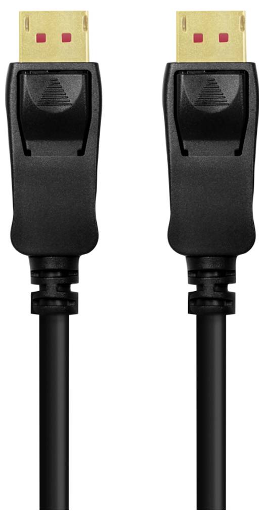 Câble noir à double blindage avec fiches DisplayPort dorées, adapté aux écrans d'ordinateur ou autres périphériques d'affichage.