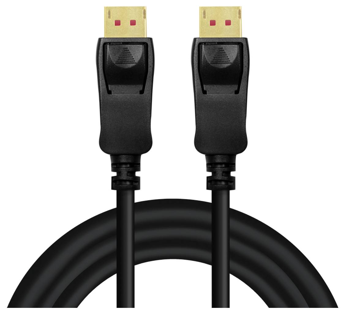 Deux fiches de câble DisplayPort avec des boîtiers en plastique noir et des contacts dorés.
