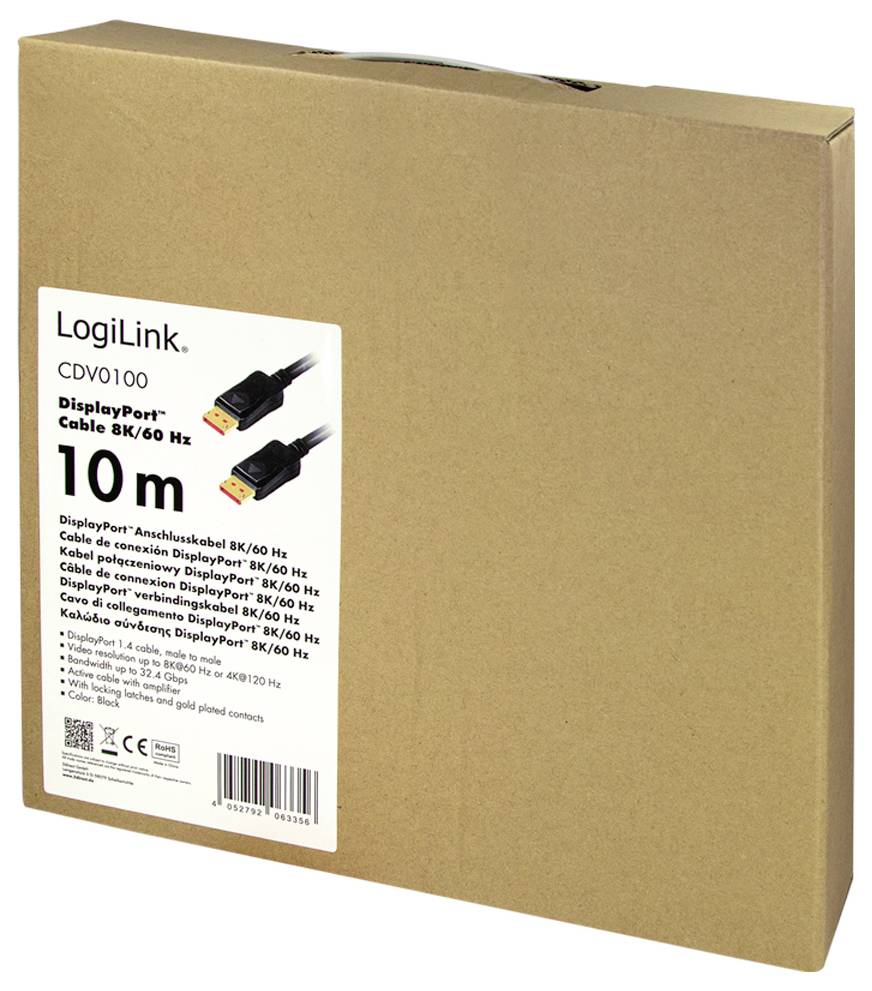 Carton d'emballage avec une étiquette : « LogiLink Câble DisplayPort 8K/60 Hz, 10 m ». Image du produit du câble et spécifications visibles.