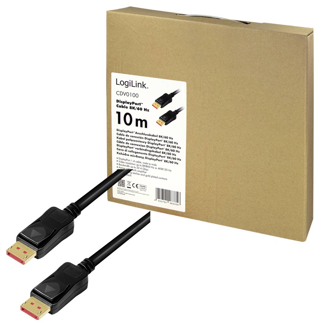 Câble DisplayPort, 10 m, de LogiLink avant l'emballage. Le câble prend en charge 8K/60 Hz, idéal pour les connexions vidéo haute résolution.
