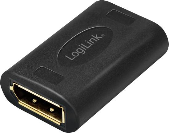 Un adaptateur HDMI noir portant l'inscription 'LogiLink' sur sa face supérieure. L'adaptateur possède une connexion HDMI à une extrémité.