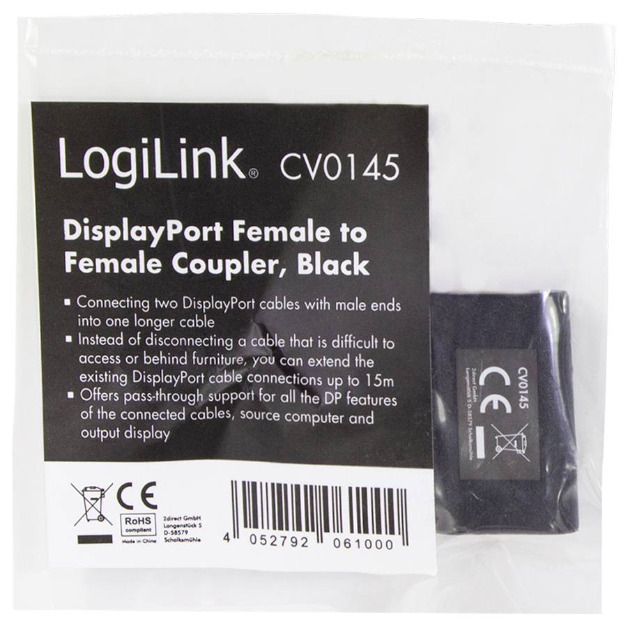 Adaptateur LogiLink DisplayPort femelle vers femelle, noir. Permet de connecter deux câbles pour obtenir une longueur allant jusqu'à 15 mètres.