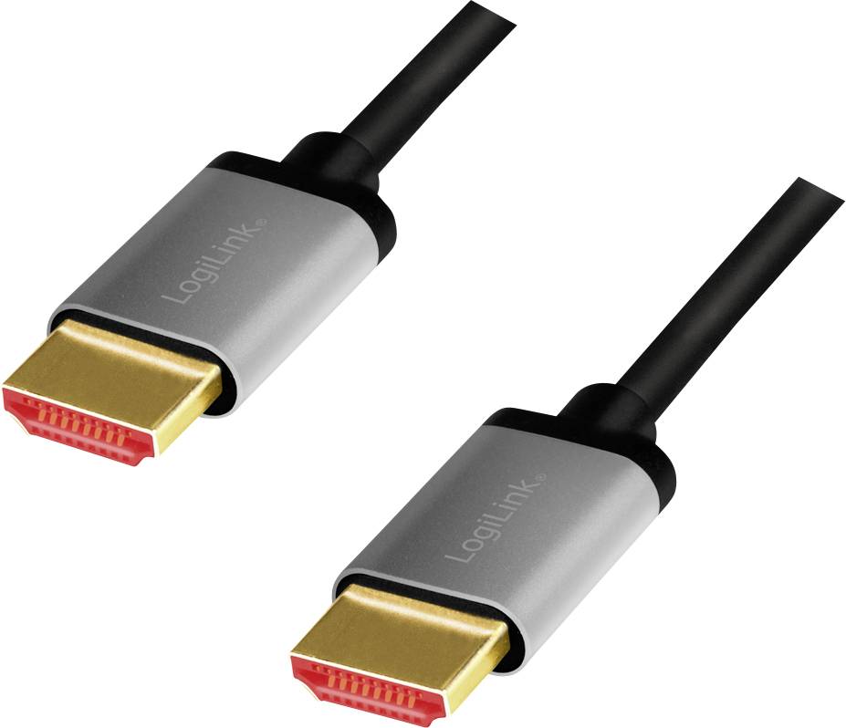 Deux fiches HDMI en gros plan avec des connecteurs argentés et un câble noir.