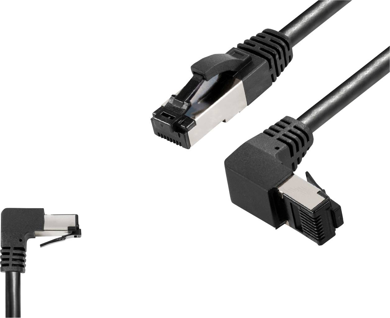 Deux câbles Ethernet noirs avec des connecteurs coudés, adaptés aux espaces restreints ou aux connexions spéciales. Celui de gauche présente un angle de 90 degrés.