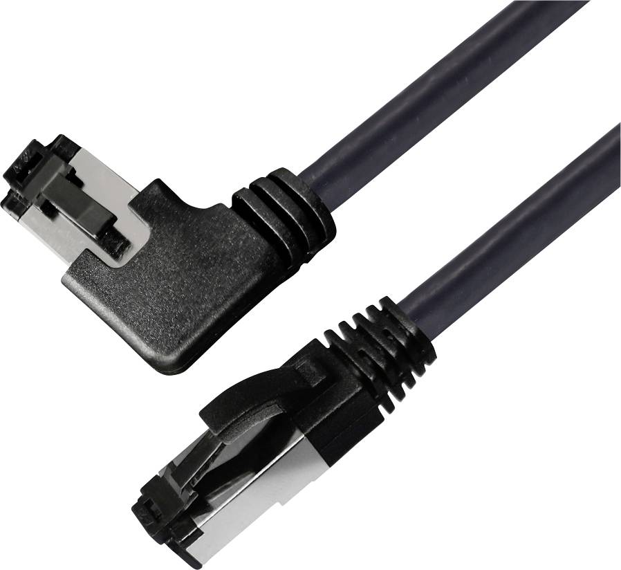 Un câble Ethernet noir avec deux types de connecteurs différents : un connecteur droit et un connecteur coudé à angle droit, pour les connexions réseau.