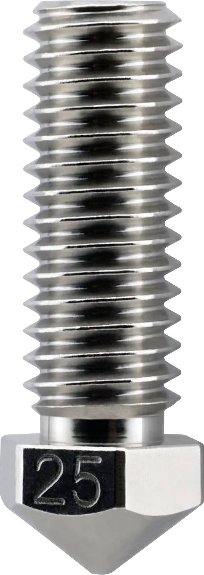 Gros plan d'une buse d'imprimante 3D métallique avec un corps cylindrique filetté et le chiffre « 25 » gravé sur la base hexagonale.