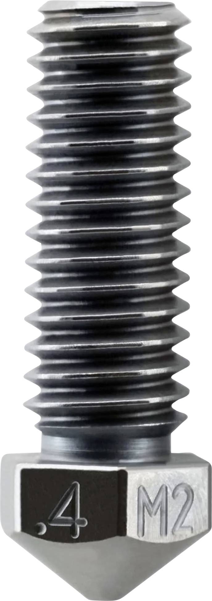 Gros plan d'une vis ou boulon filetés en métal avec une pointe pointue, marqué avec '4' et 'M2' sur la tête.