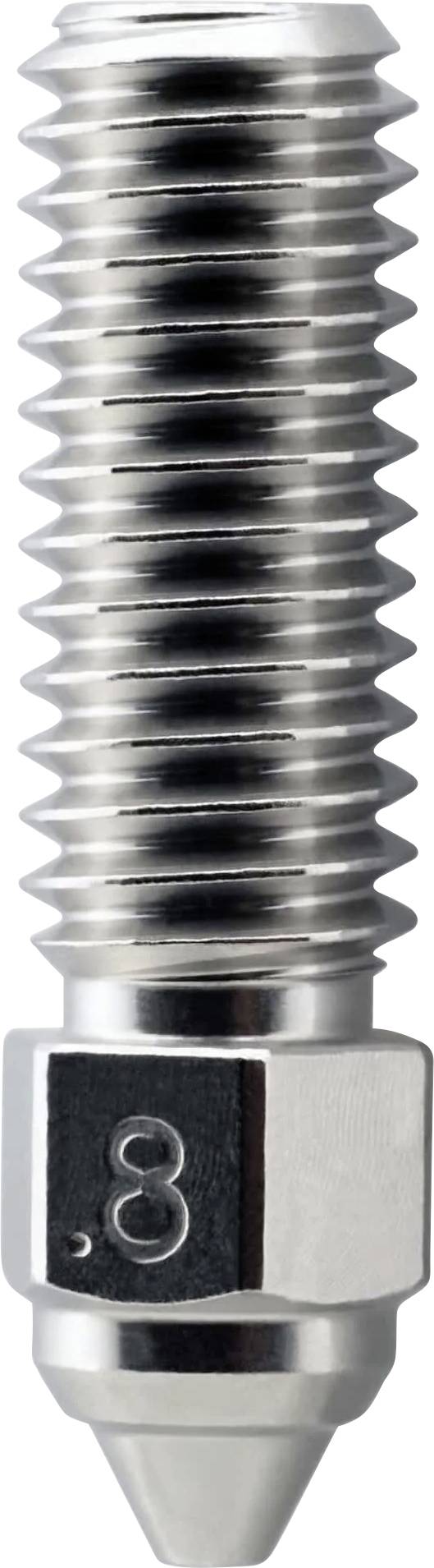 Gros plan d'une vis filetée en métal ou d'une buse avec un collet hexagonal, marqué « 8 » sur le côté, se terminant par une pointe effilée.