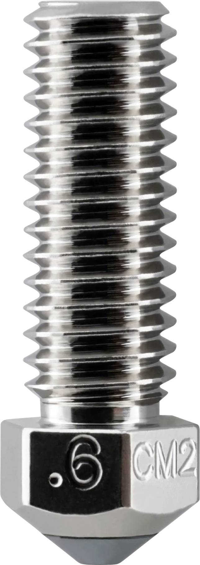 Gros plan d'une buse d'imprimante 3D métallique avec un corps fileté et une base hexagonale marquée « 6 » et « CM2 ».