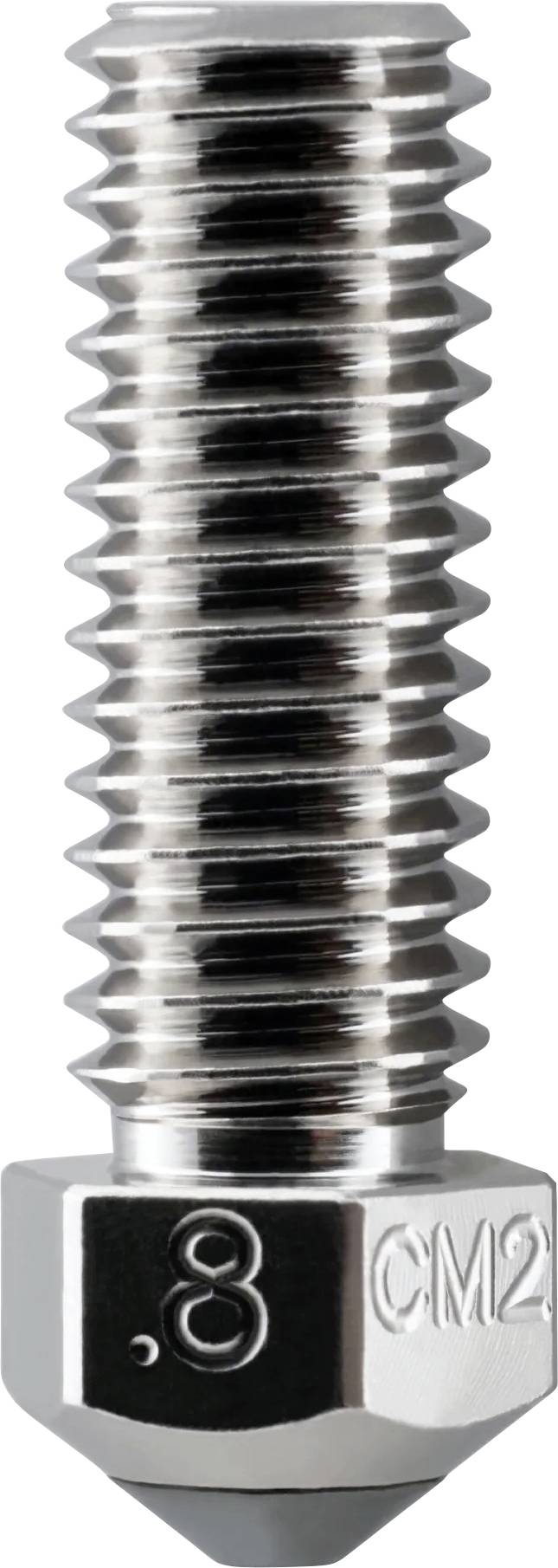 Gros plan d'un boulon ou d'une buse filetée en métal avec une base hexagonale, estampillée « 8 » et « CM2 ».