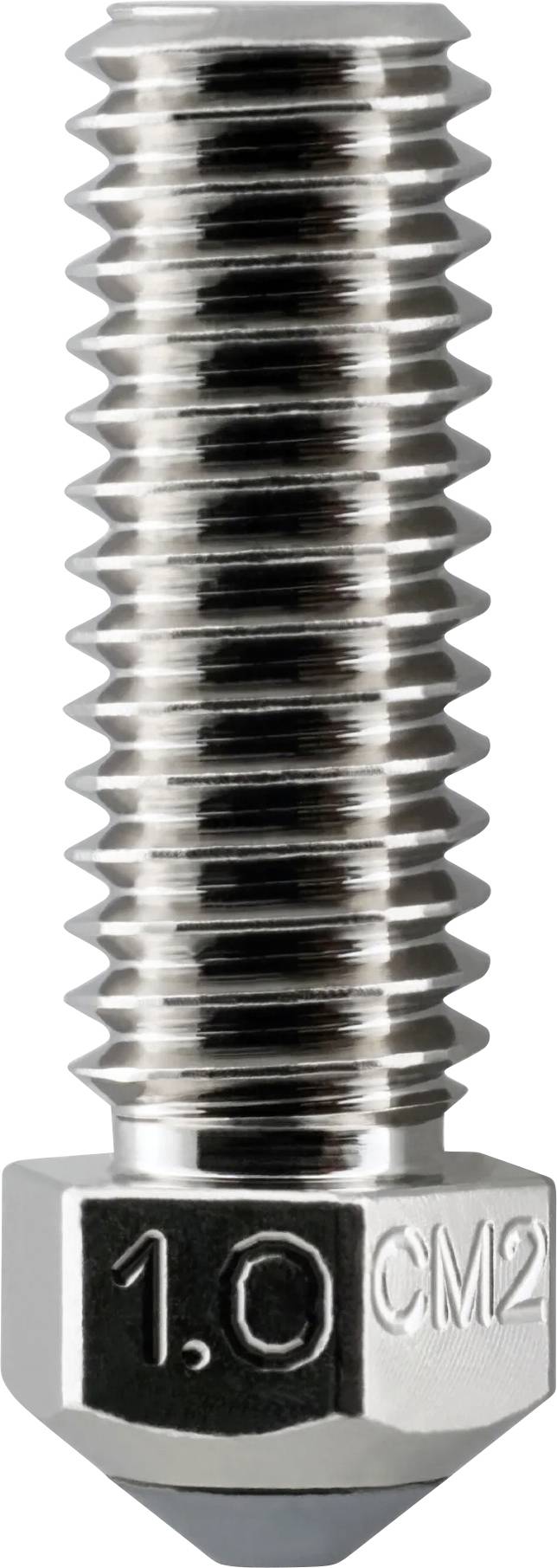 Gros plan d'une vis ou d'un boulon en métal filetés avec une base hexagonale, marqué « 1.0 CM2 ».