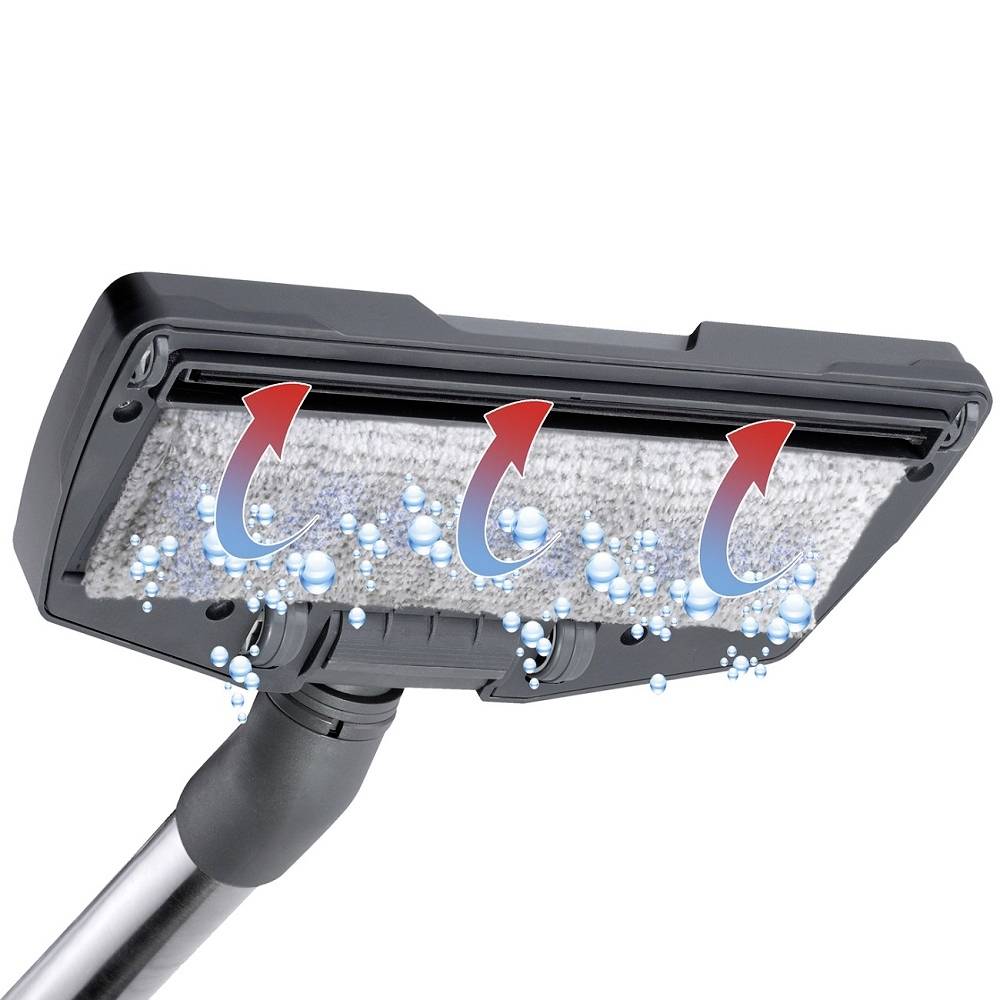 Une buse d'aspirateur avec des gouttes d'eau bleues et des flèches rouges indiquant la circulation d'air pour représenter un nettoyage efficace.