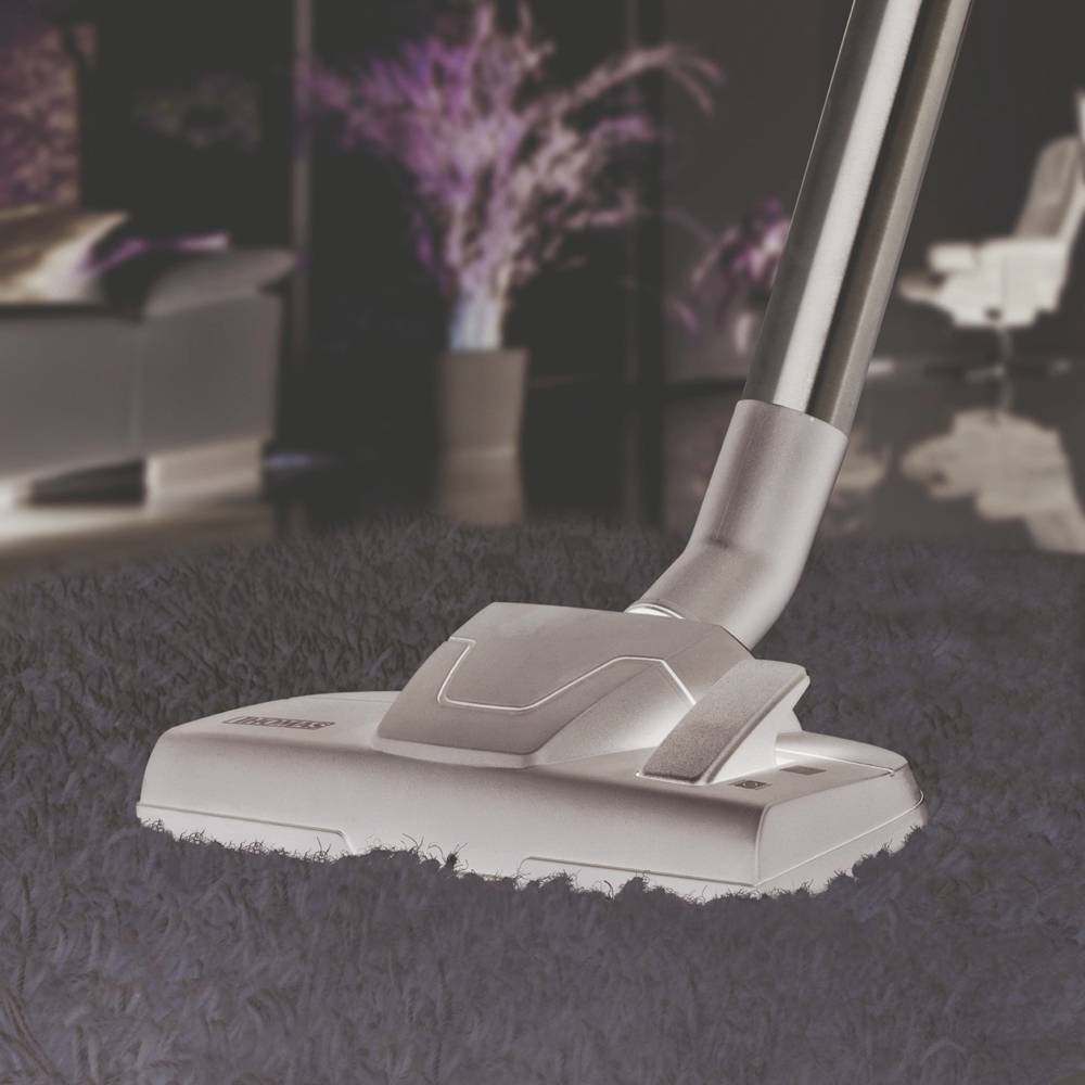 Un aspirateur aspire un tapis pelucheux. Dans le fond, des meubles et des plantes flous sont visibles.
