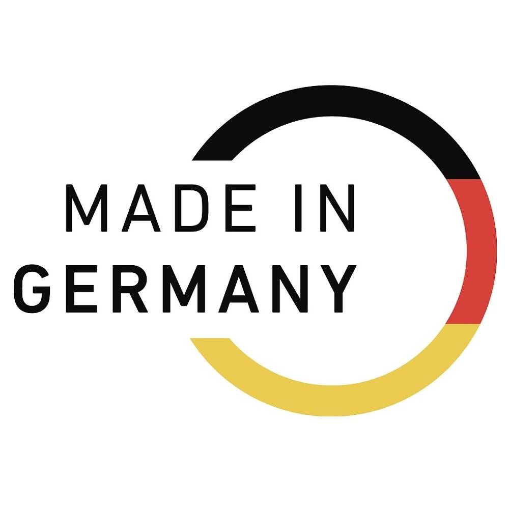 Logo Made in Germany avec un cercle stylisé dans les couleurs noir, rouge et or, symbolisant la qualité premium allemande.