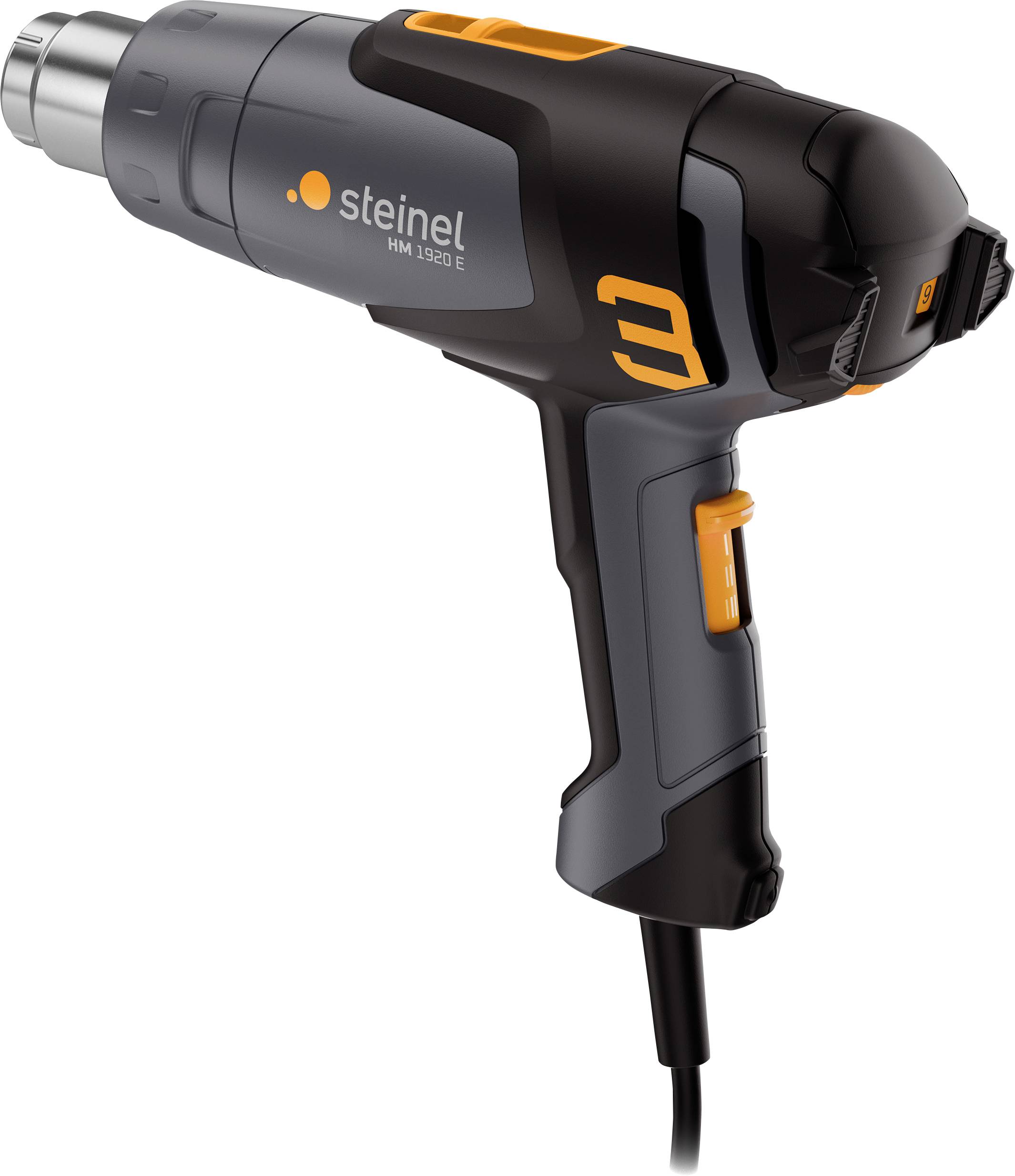 Soufflerie à air chaud en noir avec des détails orange, modèle 'HM 1120 E' de Steinel, adapté aux travaux de bricolage.
